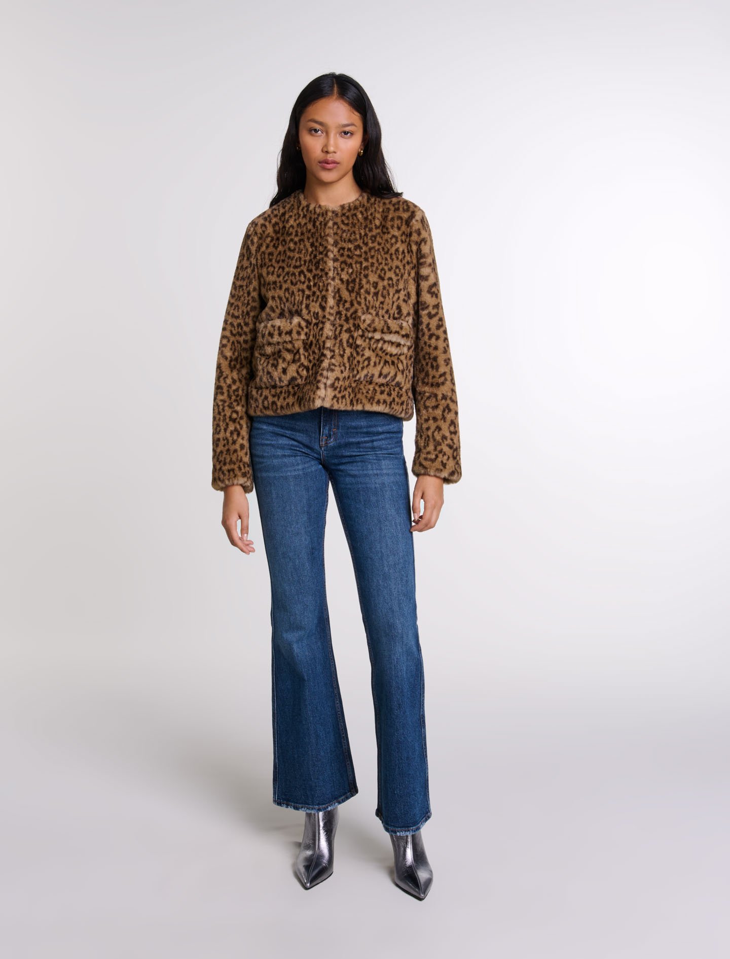 Woman's polyester Lining: Cropped faux fur jacket for Fall/Winter, size Woman-Blazers & Jackets-US XL / FR 41, in color Leopard print /