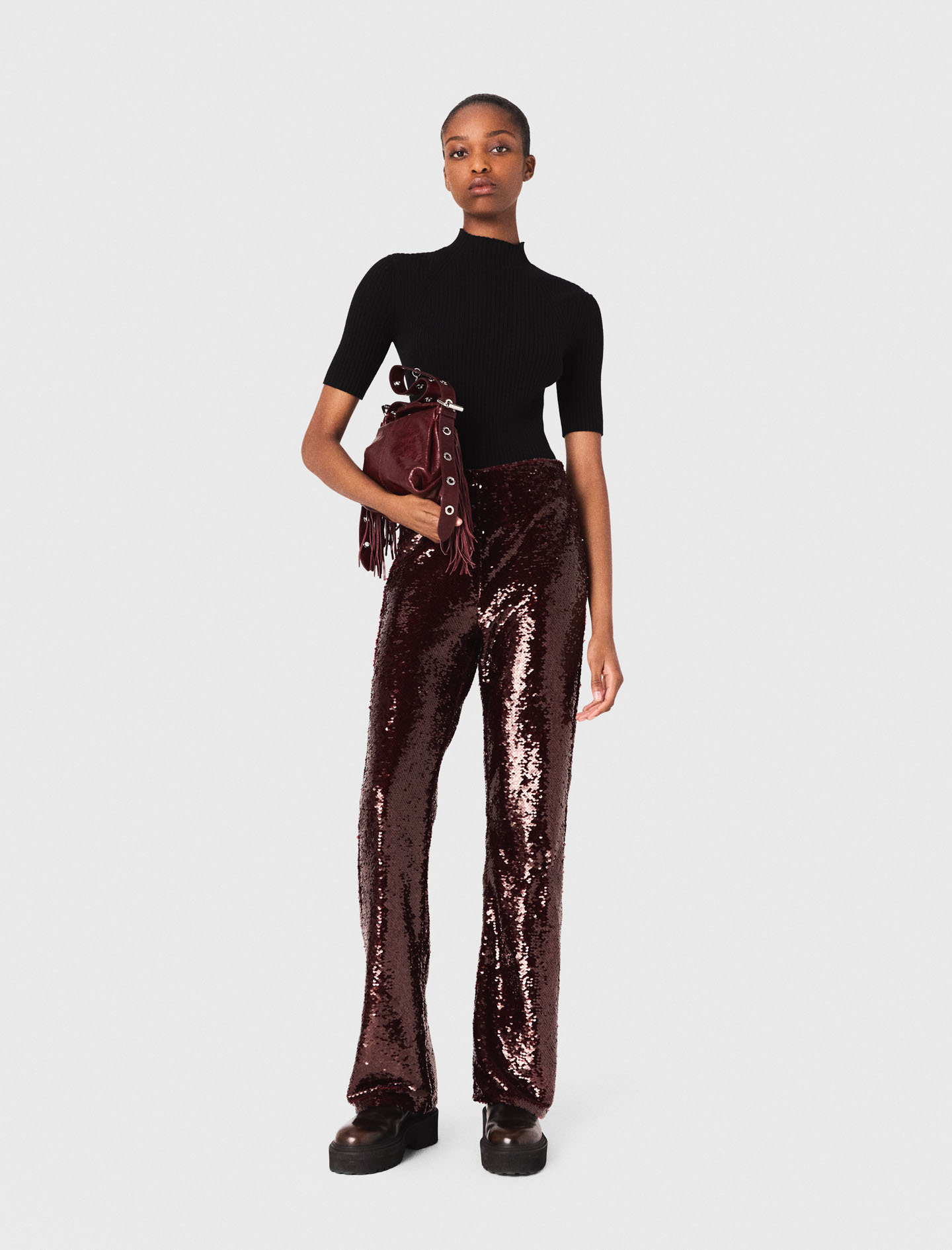 Maje Pequina Sequin Pants In Burgundy