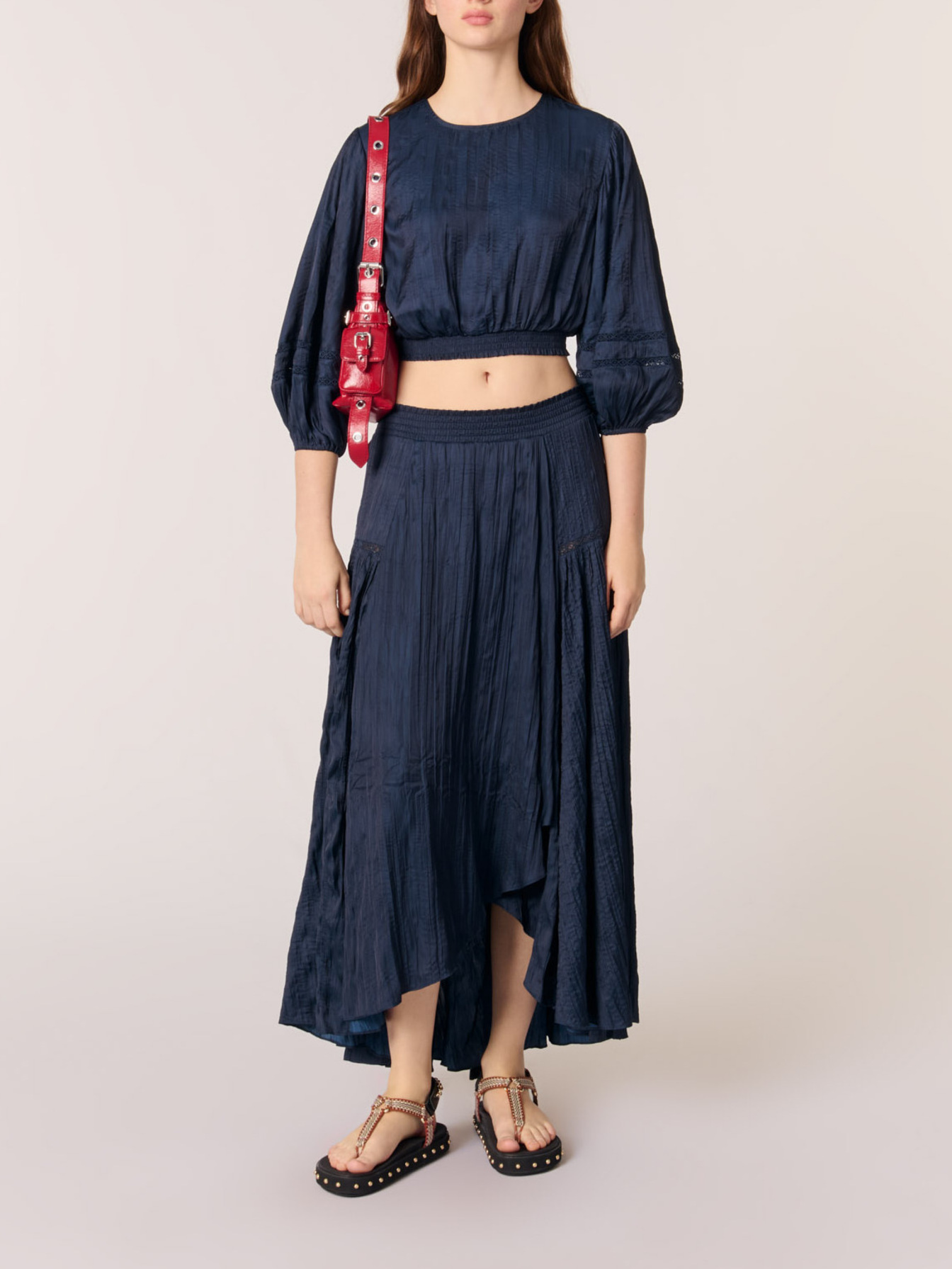 Satin-effect maxi skirt Blue For Women | Maje