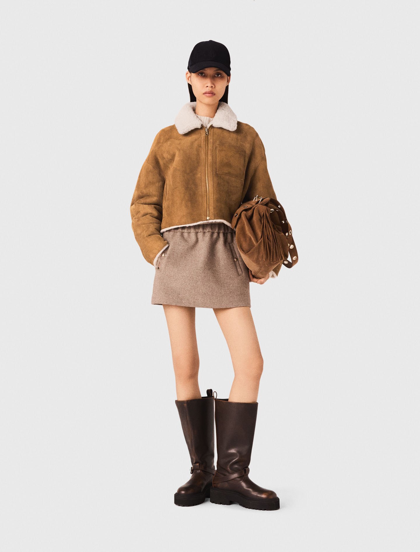 Maje Woman's leather Reversible shearling coat for Fall/Winter, in color Camel / Brown