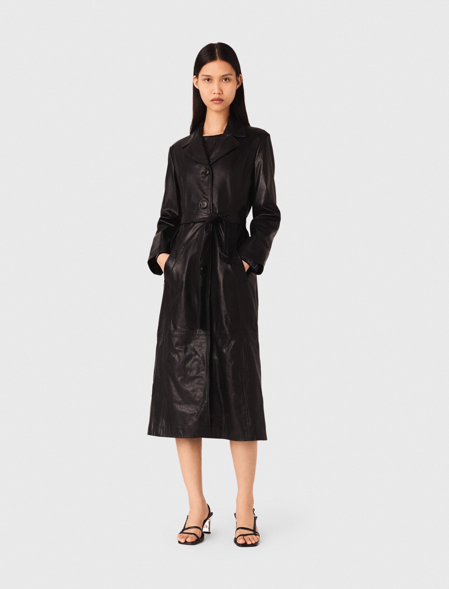 Maje Womens Long Belted-waist Leather Trench Coat Black In Black