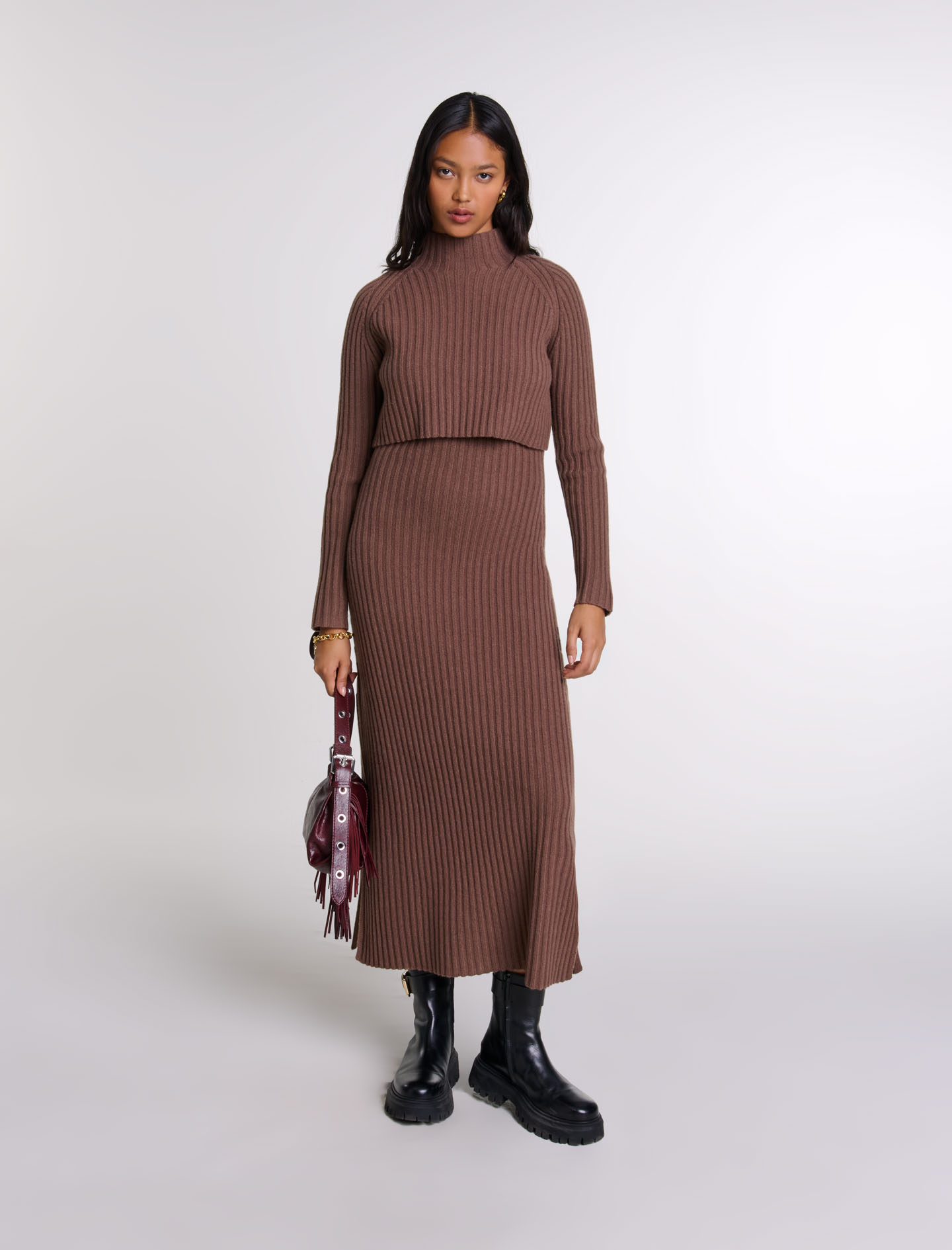 Shop Maje 2-in-1 Wool Maxi Dress In Brown