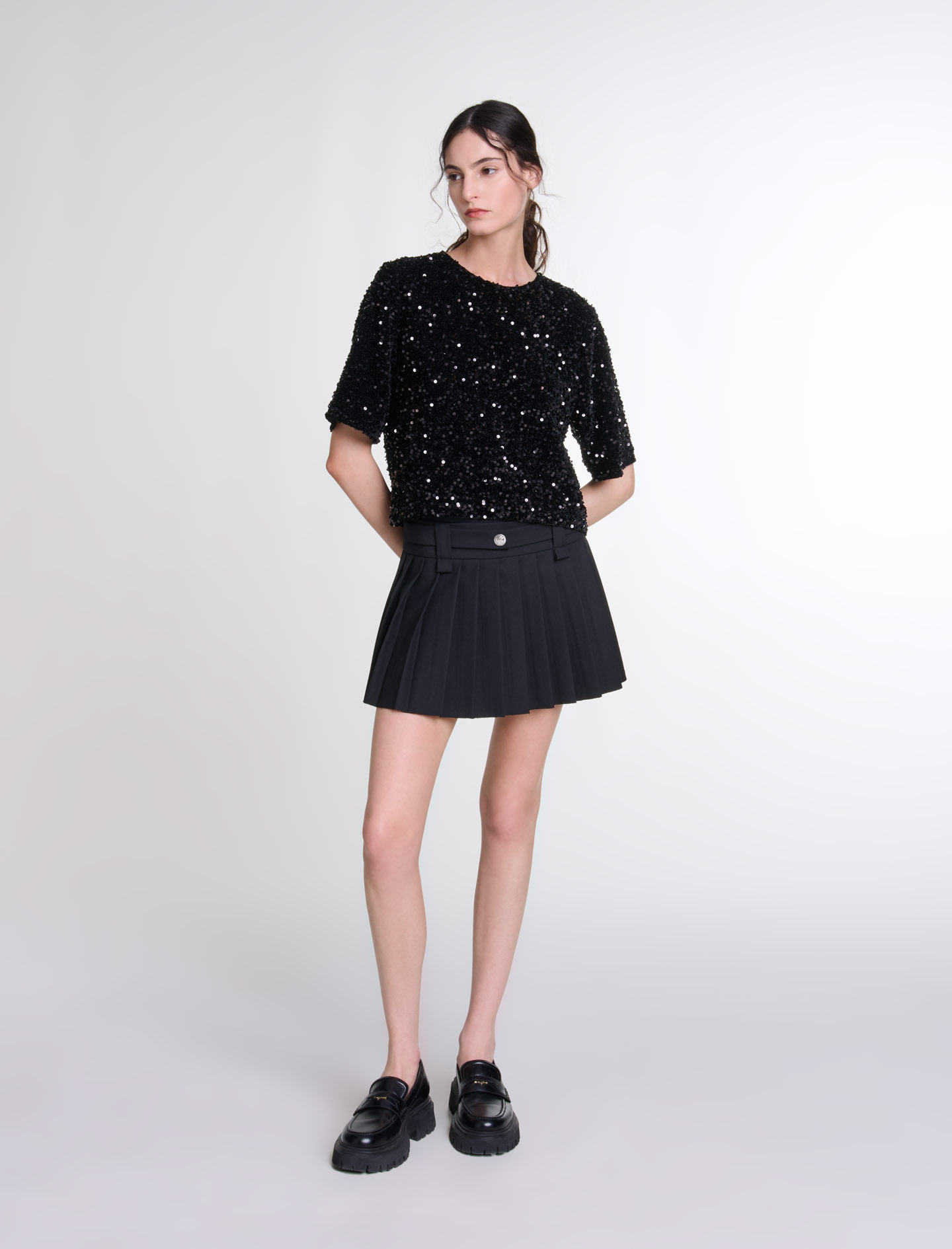 Woman's polyester Lining: Sequinned velvet top for Fall/Winter, size Woman-Tops & Shirts-US L / FR 3, in color Black / Black