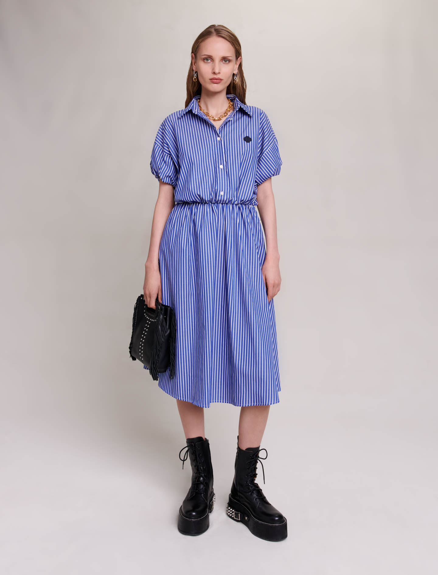 Maje Woman's cotton Patch: Long striped shirt dress for Fall/Winter, in color Blue / Blue