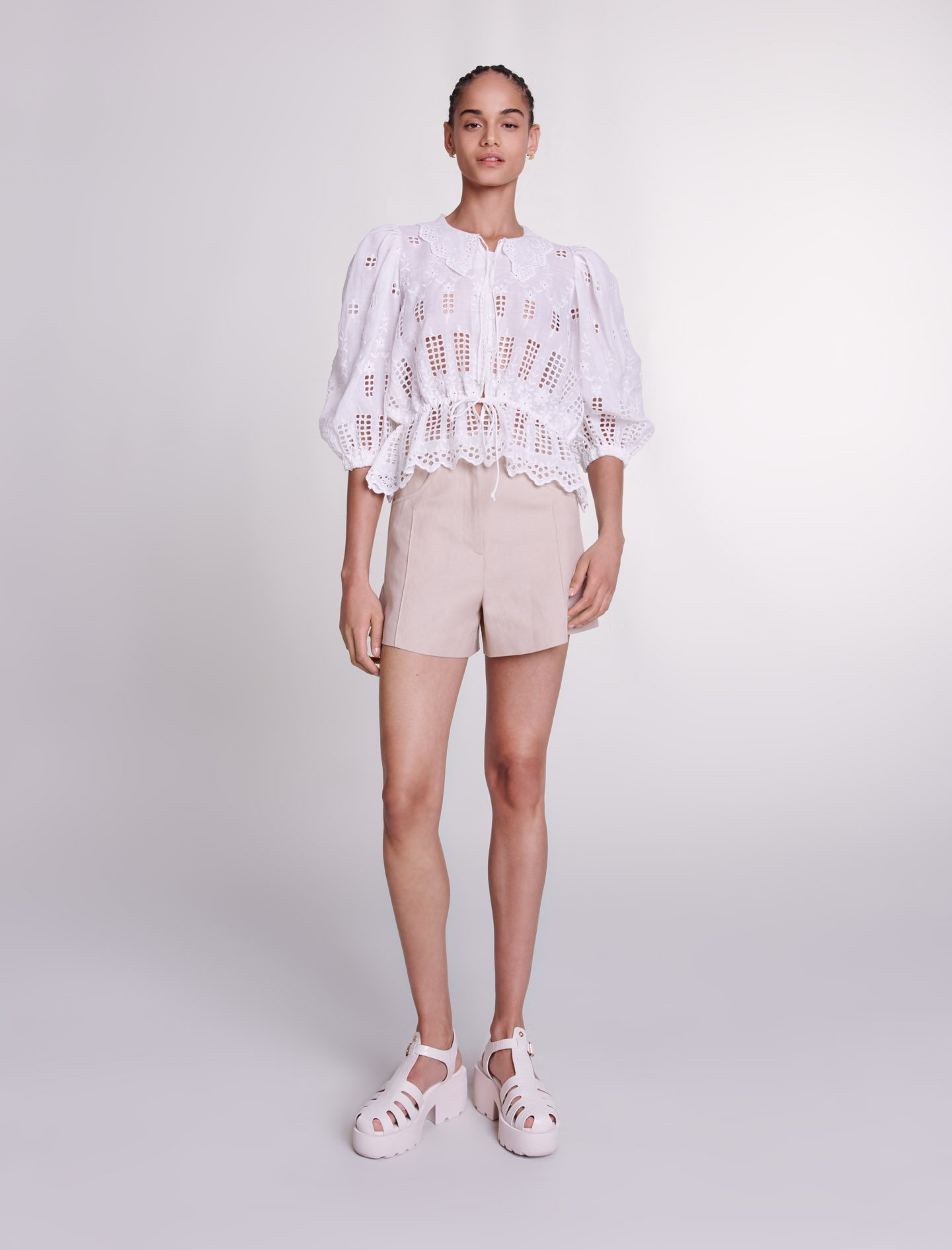 Woman's ramie Buttons: Embroidered ramie blouse for Fall/Winter, size Woman-Tops & Shirts-US L / FR 3, in color White / White