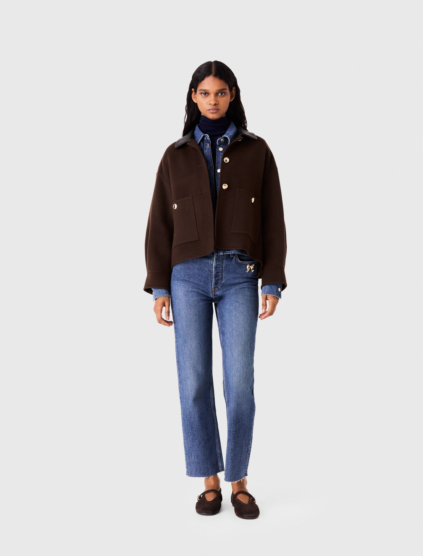 Maje Short Wool Jacket With Pleated Back In Brown