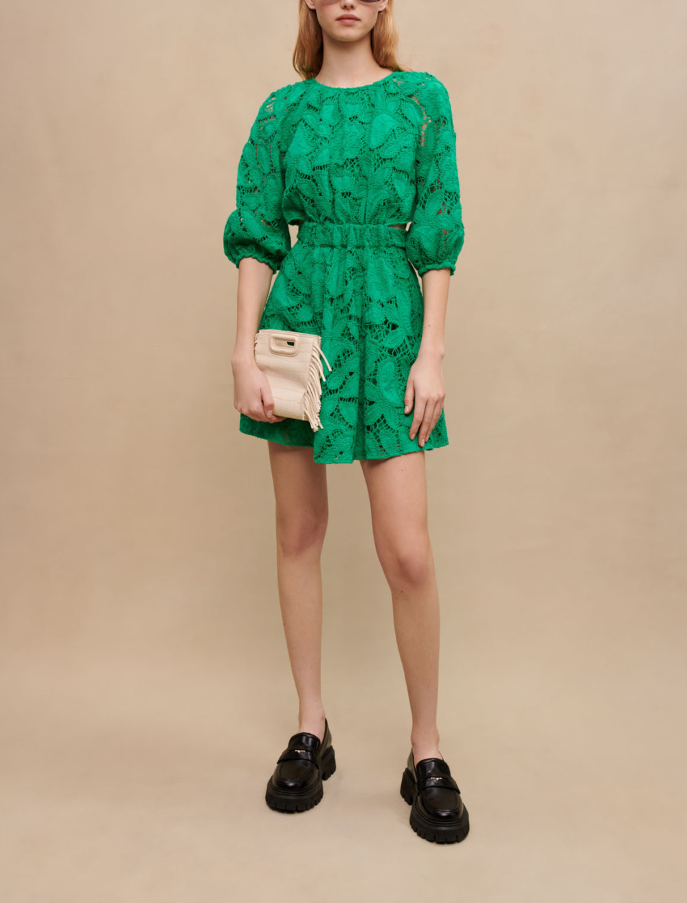 Woman
s cotton Lining: Embroidered cotton mini dress for Spring/Summer, size Woman-See All-US XL / FR 41, in color Green / Grey