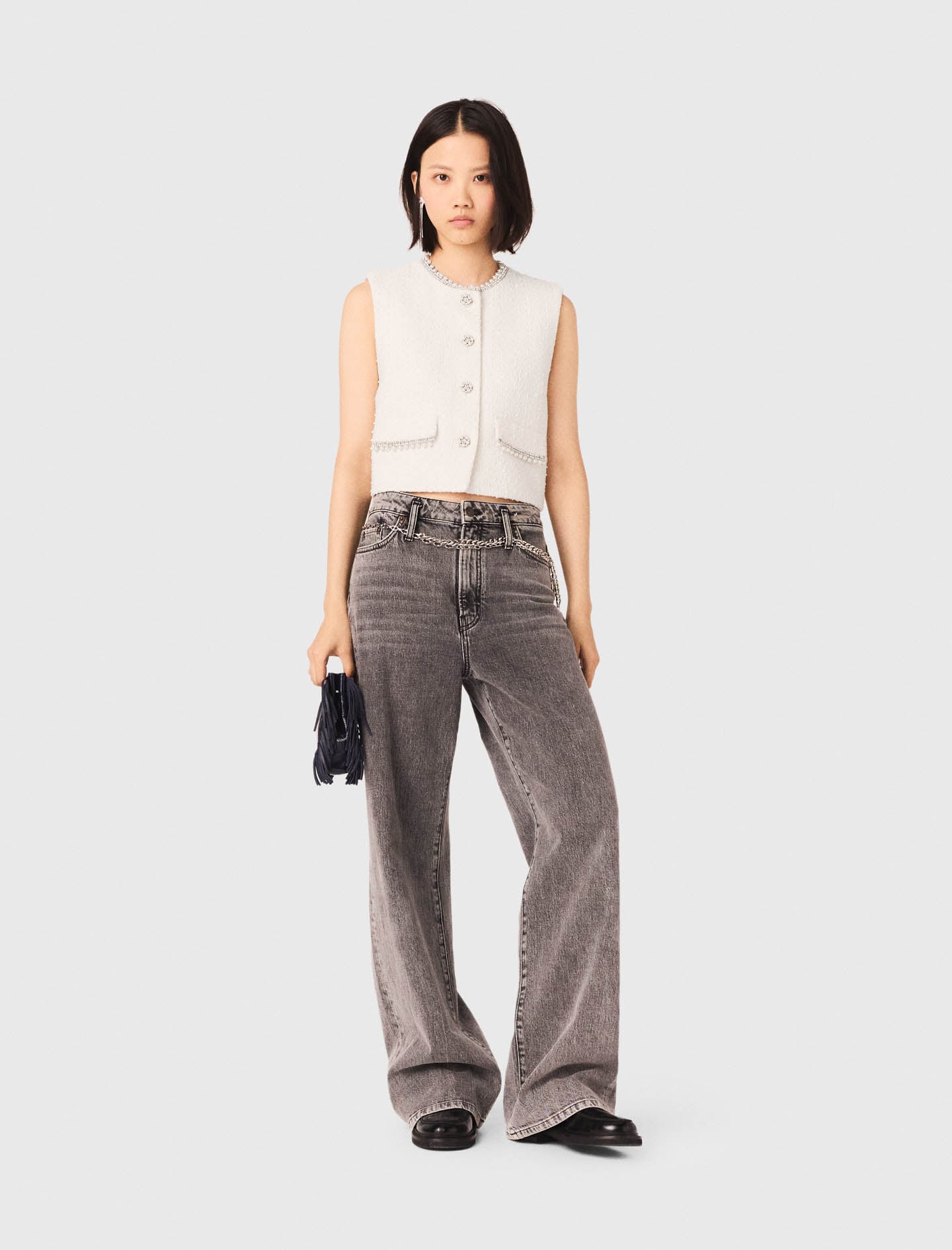 Tweed vest with pearl trim White For Women | Maje