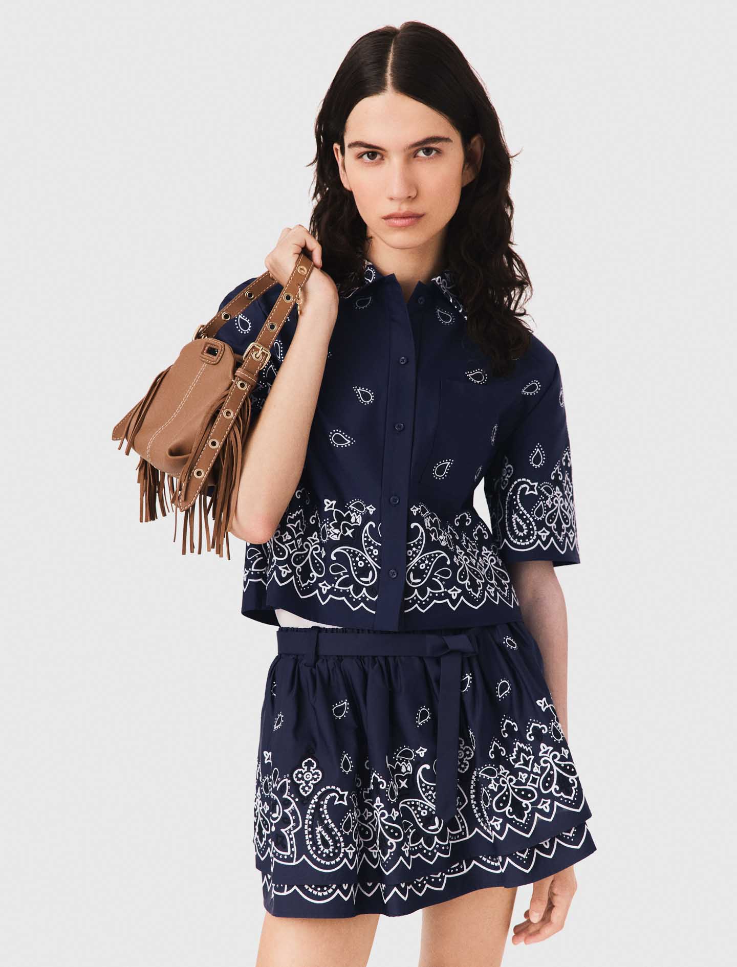 Cropped Embroidered Bandana Print Shirt