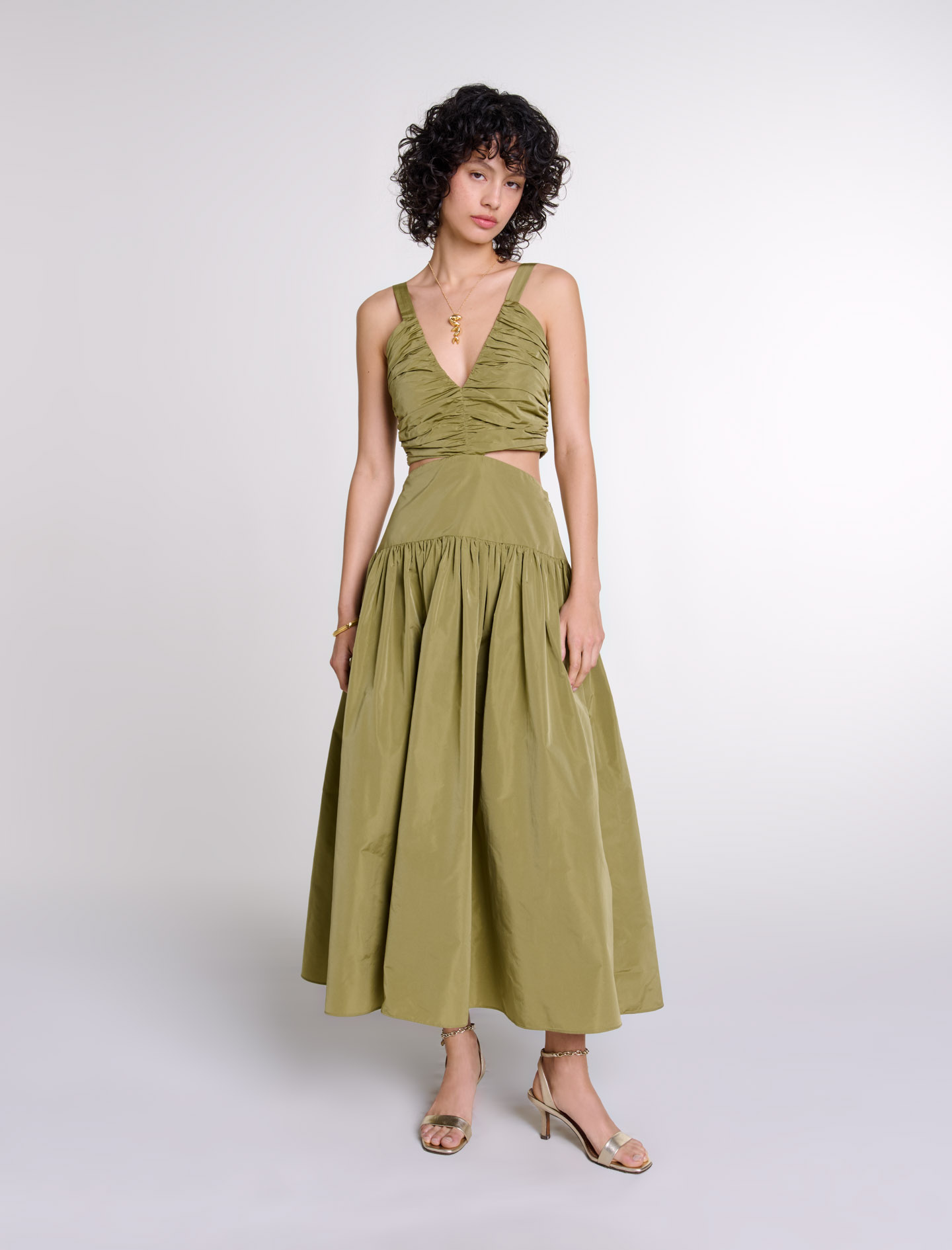 Shop Maje Cutaway Taffeta Dress In Khaki