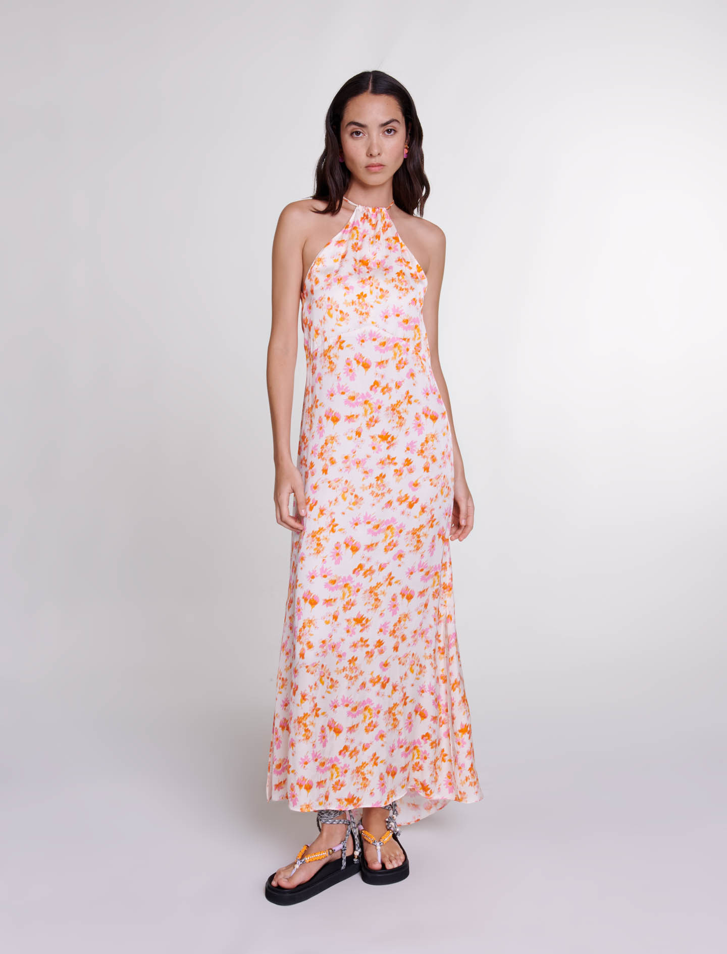 Maje Woman's viscose Lining: Floral satin-effect maxi dress for Spring/Summer, in color Orange Flower Print /
