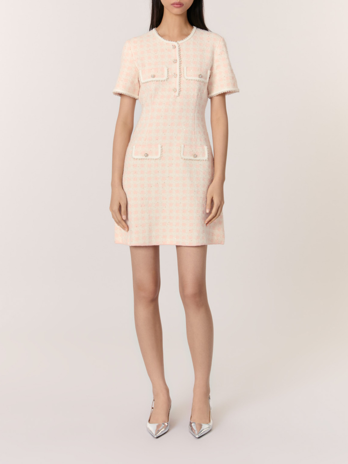 Tweed-effect knit mini dress Pink For Women | Maje