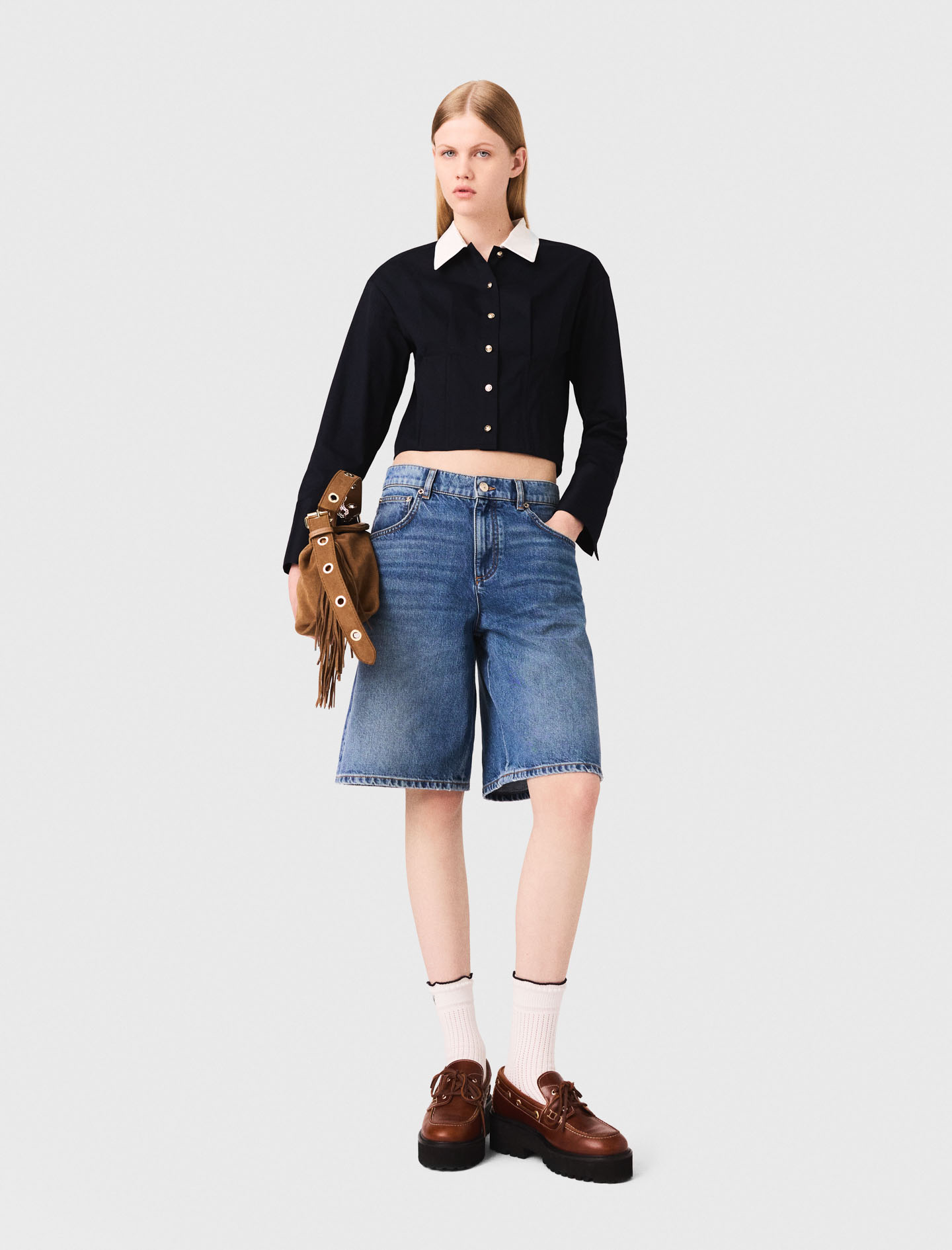 Maje Woman's cotton Cropped poplin shirt for Fall/Winter, in color Navy / Blue