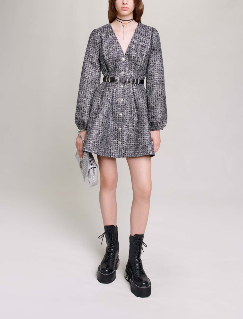 Maje Woman's polyester Short glittery dress for Fall/Winter, in color Silver / Grey