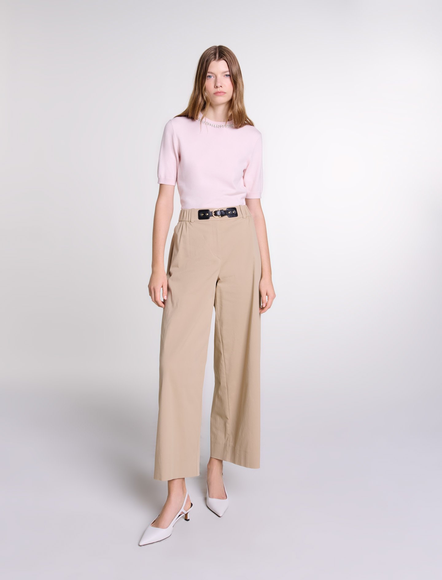 Woman's cotton, Wide-leg cotton trousers for Fall/Winter, size Woman-Officewear-US XL / FR 41, in color Light Beige /