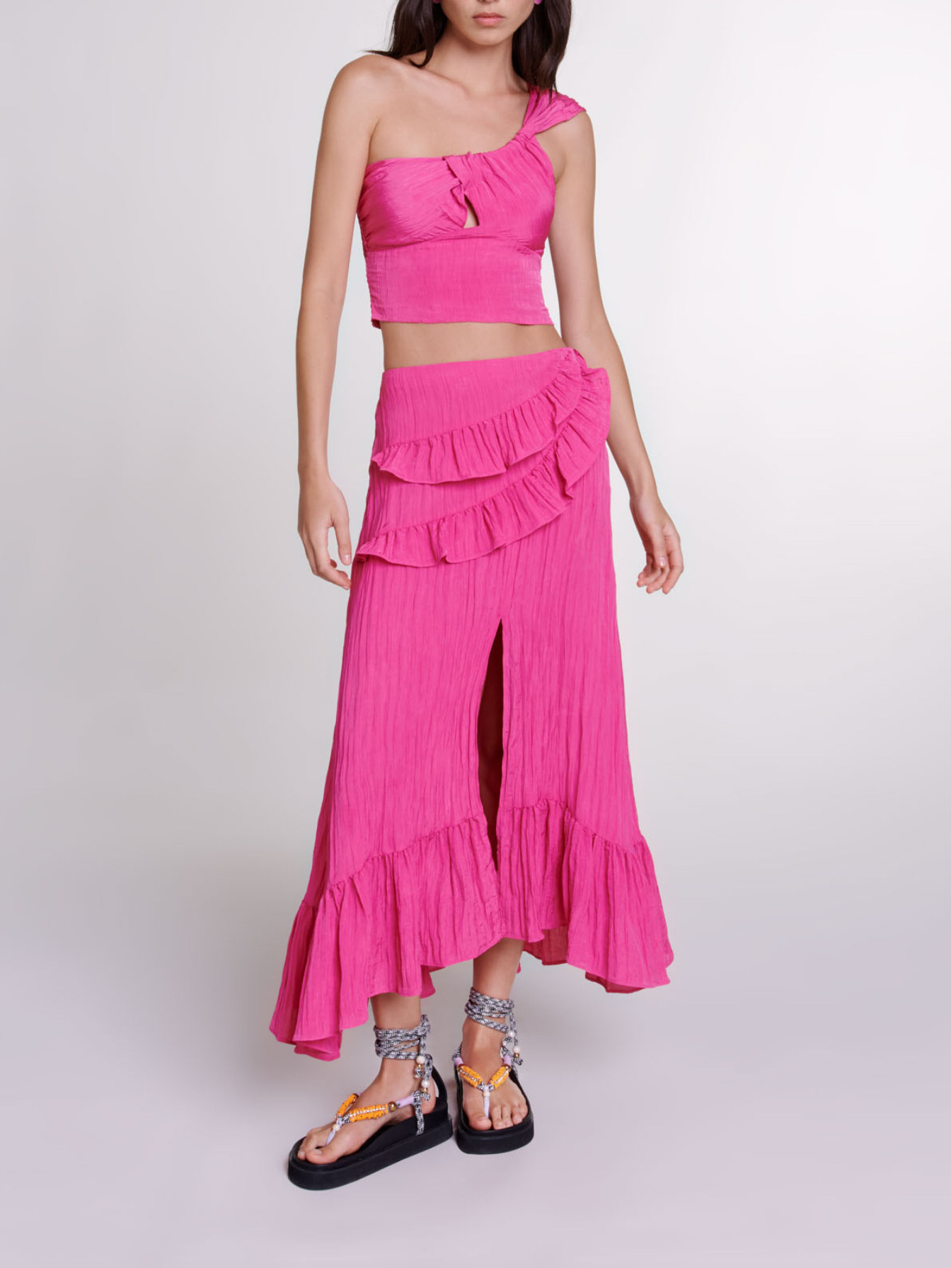 Maje Woman's polyester Long satin-effect crinkle skirt for Spring/Summer, in color Fuchsia pink /