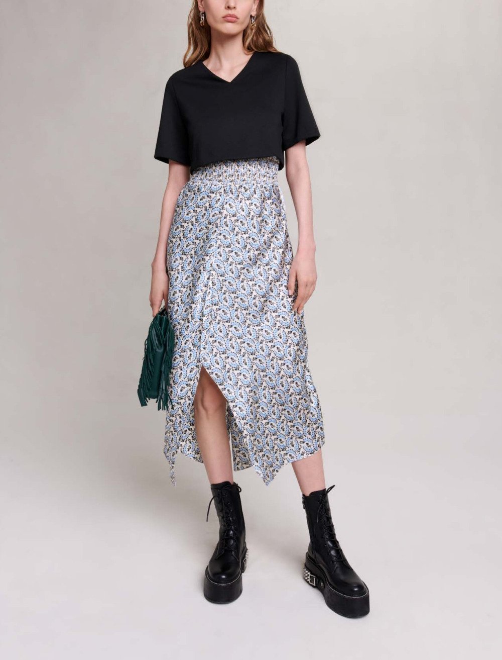 Maje Woman's polyester 2-in-1 floral dress for Fall/Winter, in color Ecru/Blue lily of the valley /