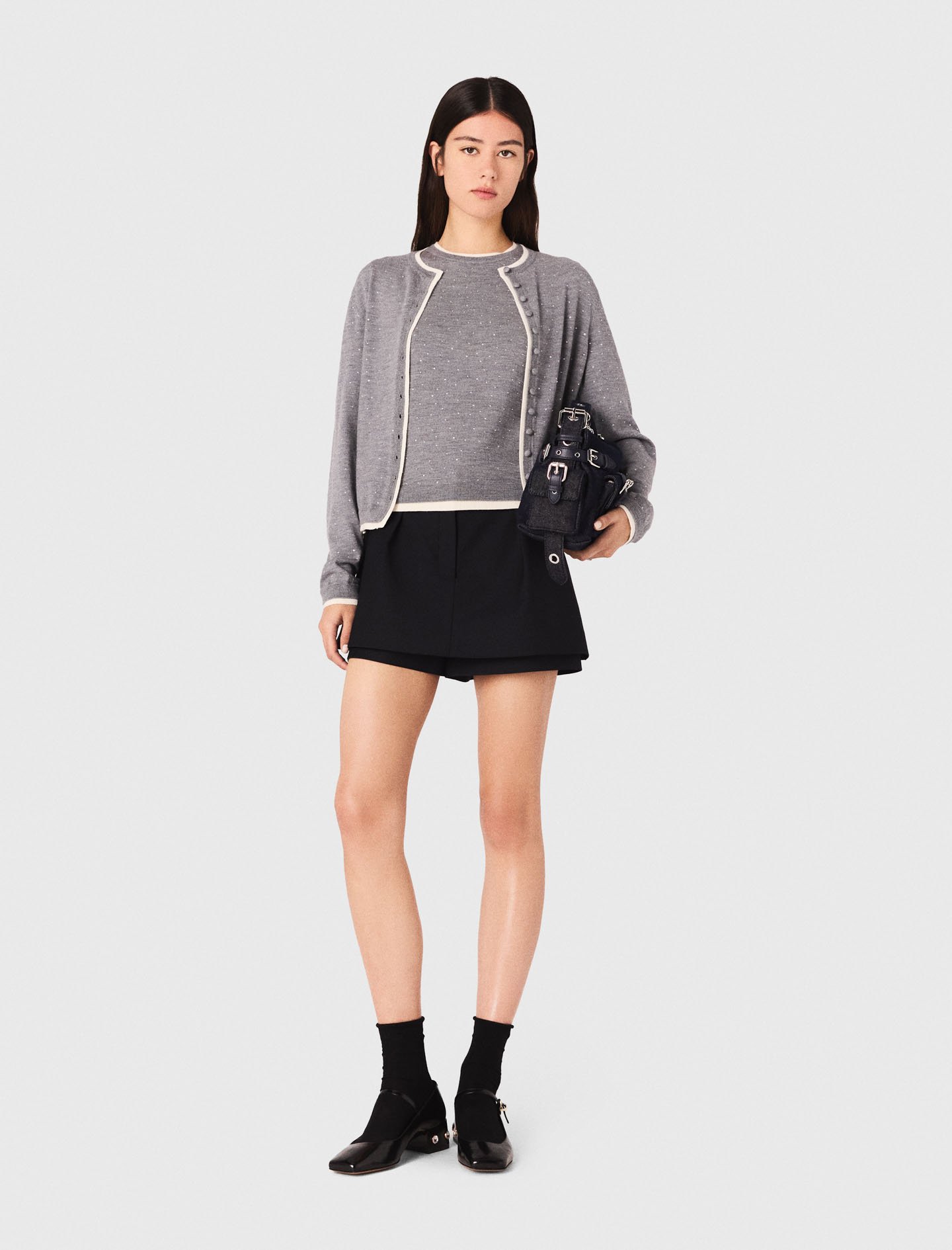 Maje Woman's wool Knit embellished cardigan for Fall/Winter, in color Grey / Grey