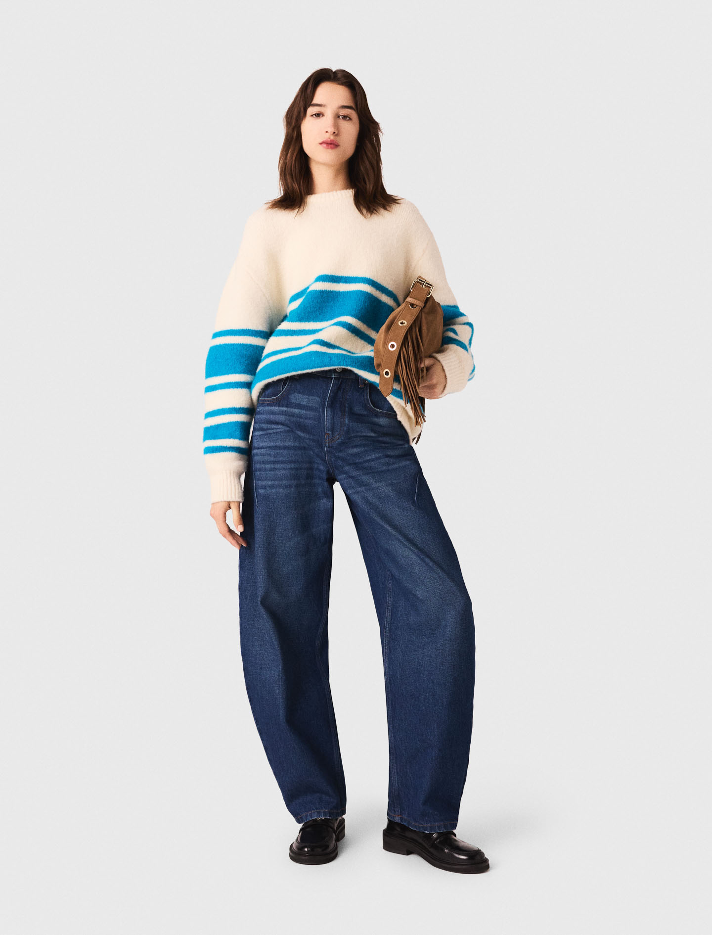 Maje Woman's wool Oversized wool-blend sweater for Fall/Winter, in color Ecru / Turquoise /