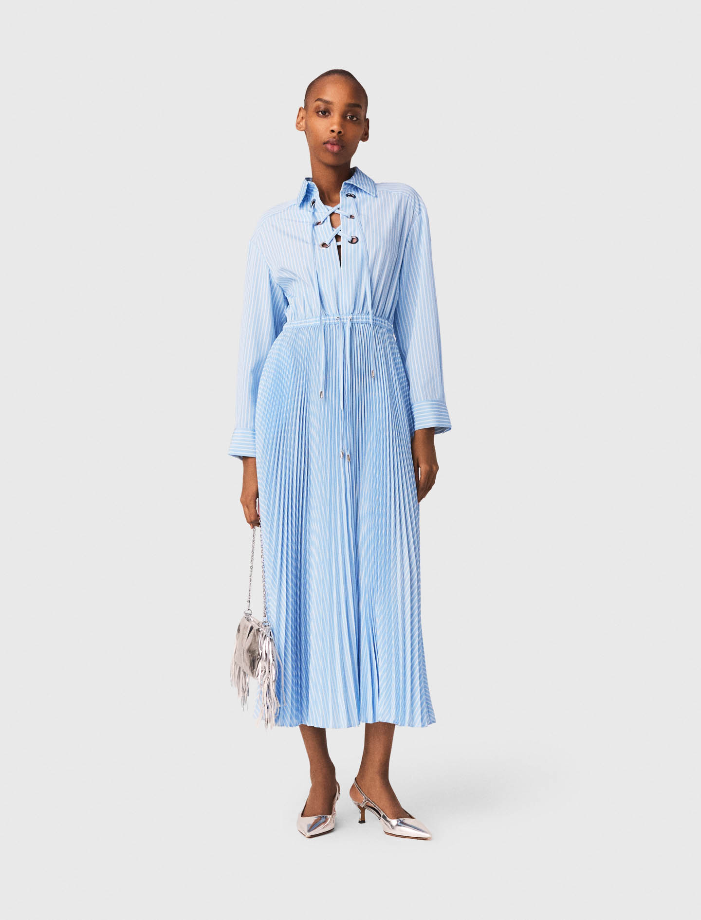 Maje Long pleated dress with eyelets