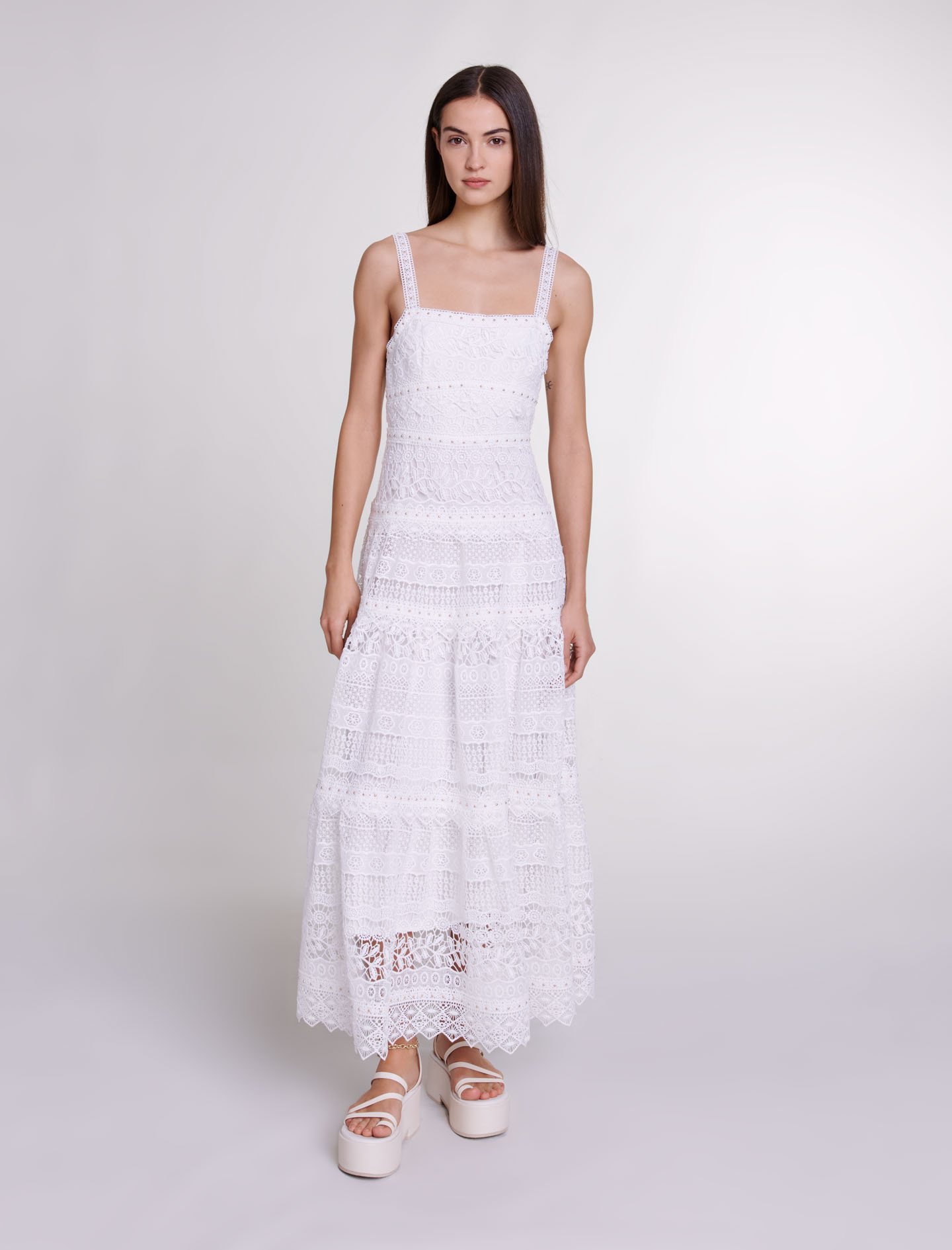 Maje Woman's polyester Lining: Crochet-knit maxi dress for Spring/Summer, in color White / White