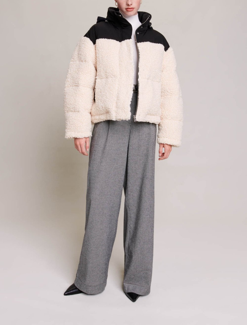 Maje Woman's polyester Bicolour padded jacket for Fall/Winter, in color Ecru Black /