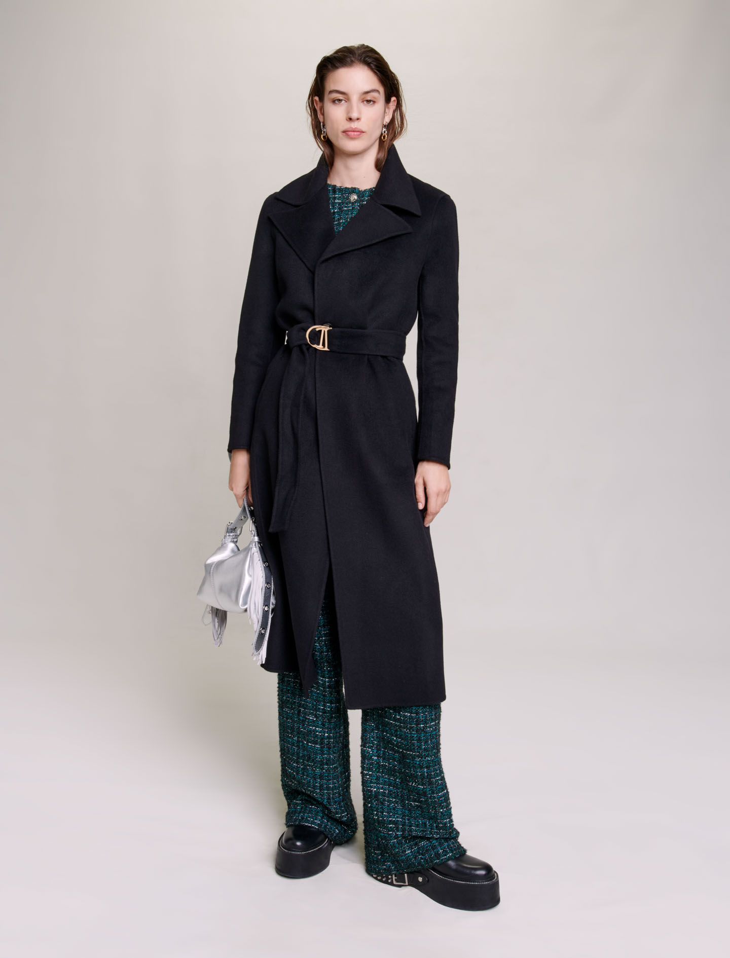 Maje Woman's wool, Belted double-faced coat for Fall/Winter, in color Black / Black