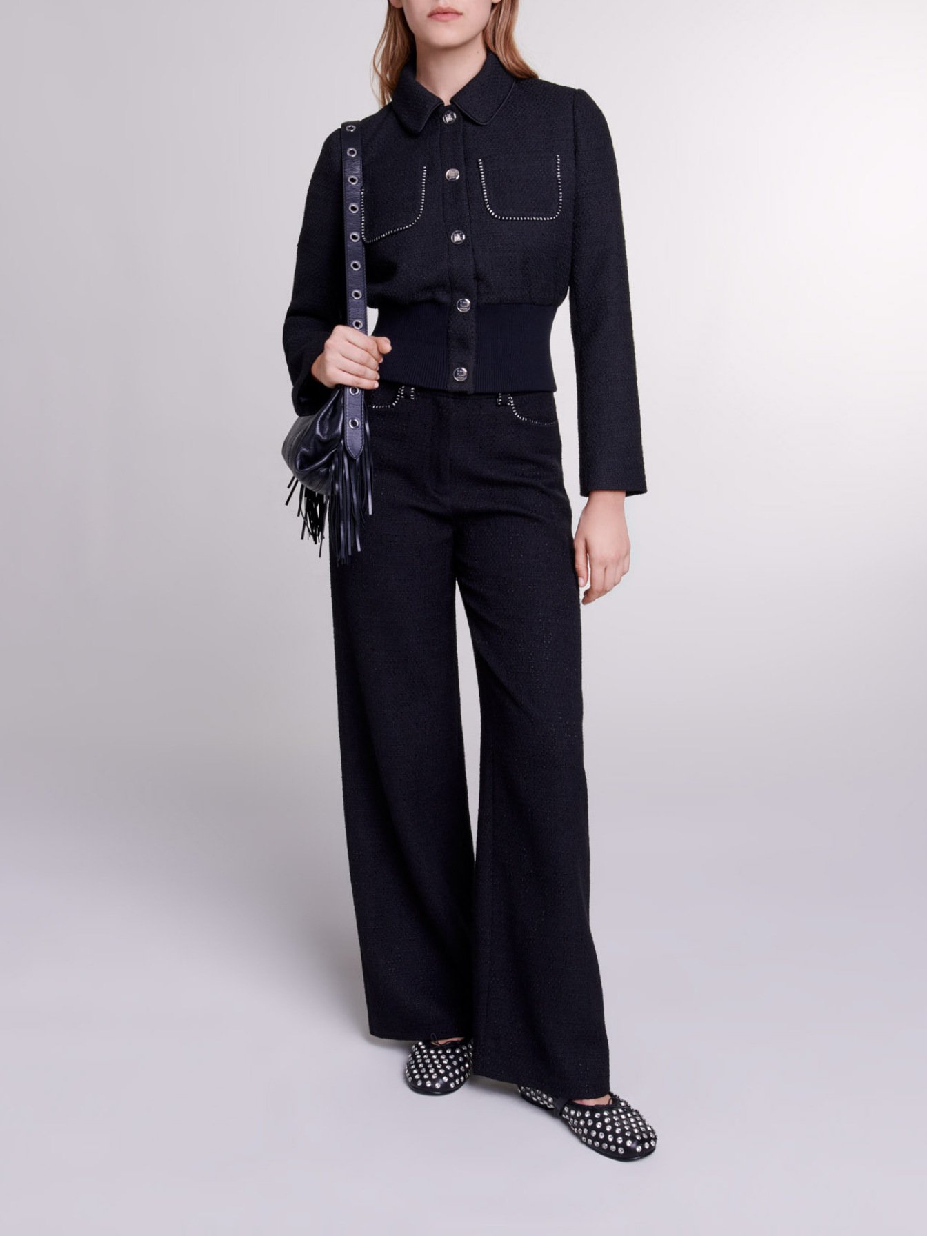 Maje Woman's polyester Tweed jacket for Spring/Summer, in color Black / Black