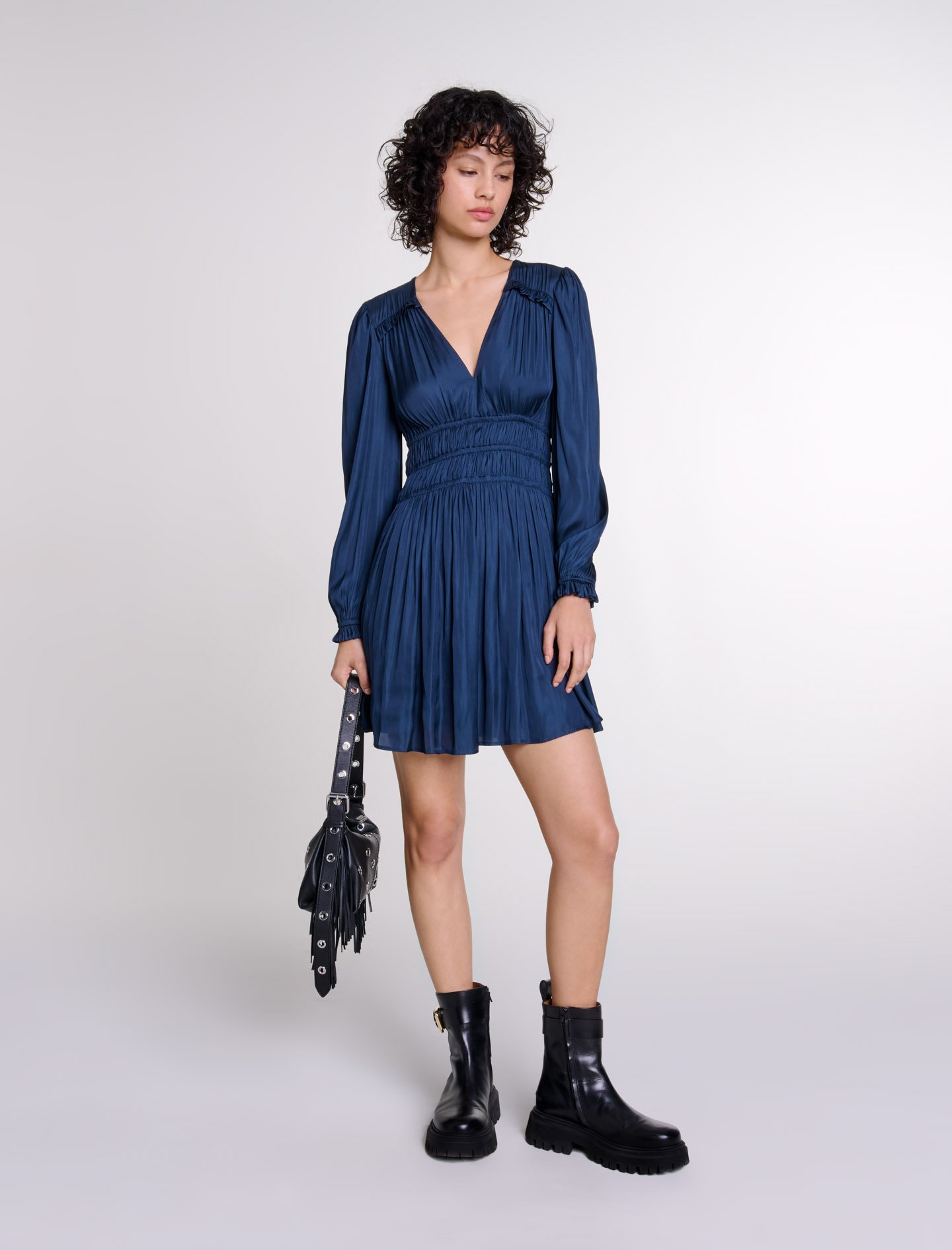 Woman's polyester Satin dress with ruffles for Spring/Summer, size Woman-Short dresses-US XS / FR 34, in color Navy / Blue