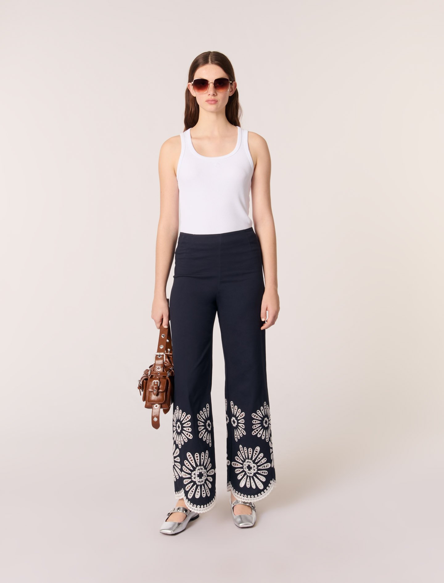 Woman's cotton, Trousers with crochet detail for Spring/Summer, size Woman-Pants & Jeans-US XL / FR 41, in color Navy / Blue