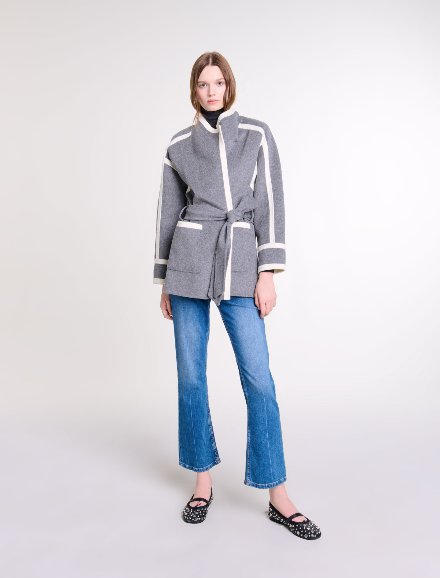 Woman's wool, Short two-tone coat for Fall/Winter, size Woman-Coats-US L / FR 40, in color Grey / Grey