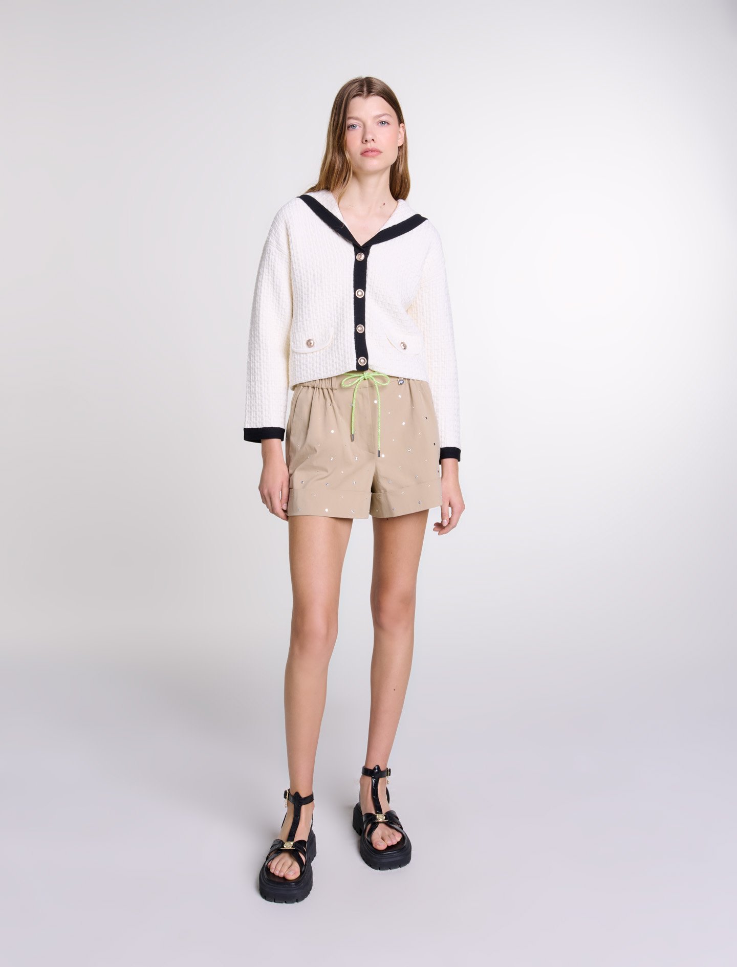 Shop Maje Contrast Collar Cardigan In Ecru