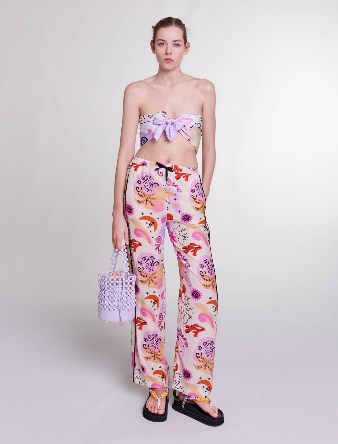 Maje Woman's silk Piping: Silk trousers for Spring/Summer, in color Print paradisio /