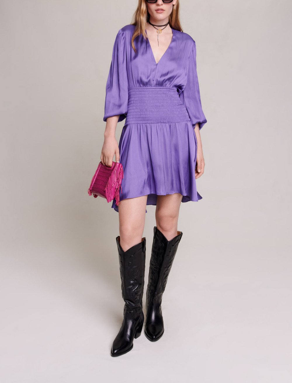 Maje Woman's polyester Short satin dress for Fall/Winter, in color Purple / Purple