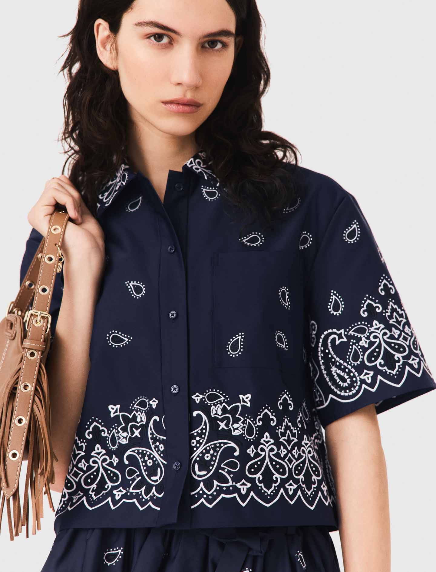 Cropped Embroidered Bandana Print Shirt