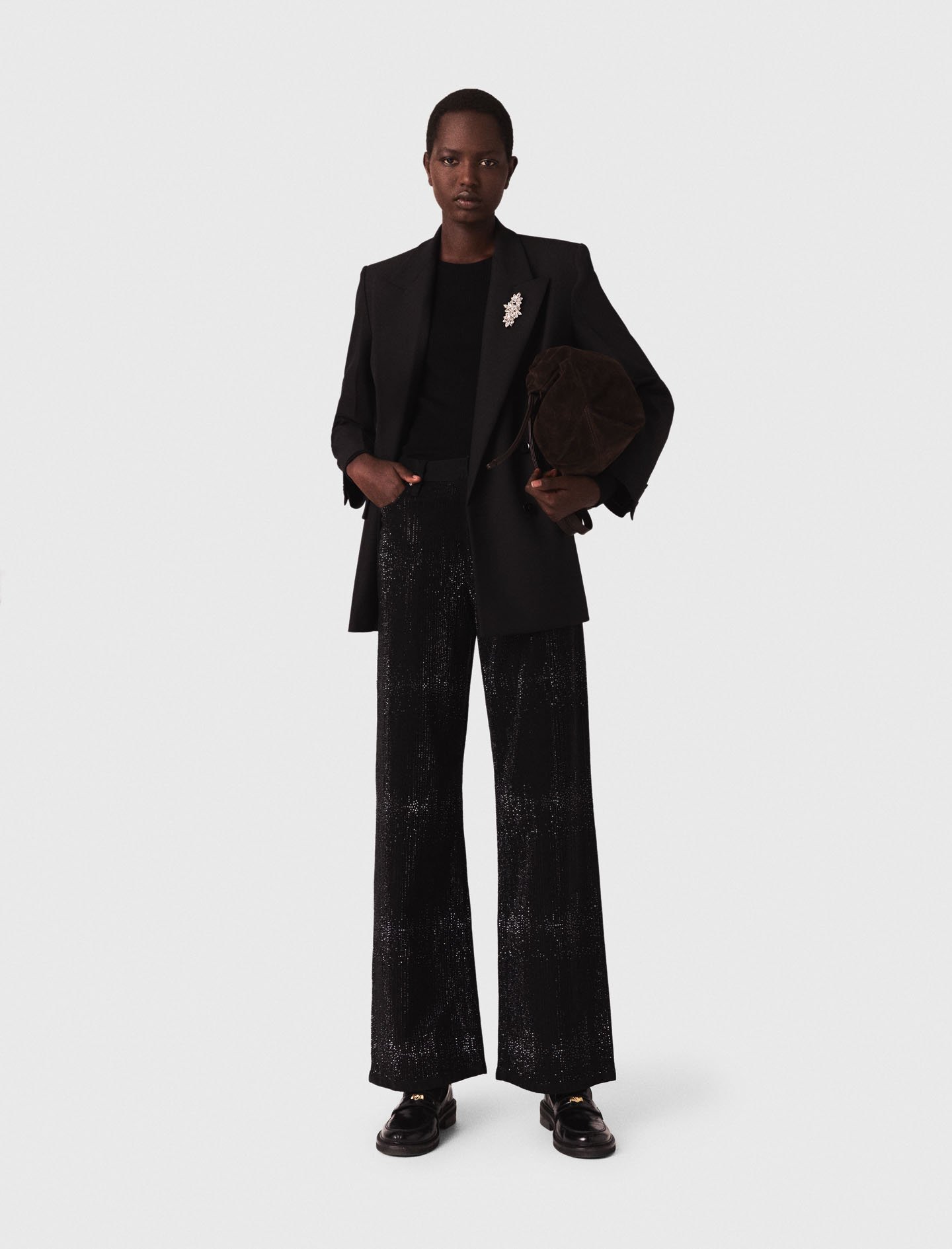Maje Wide-leg Rhinestone Jeans In Black