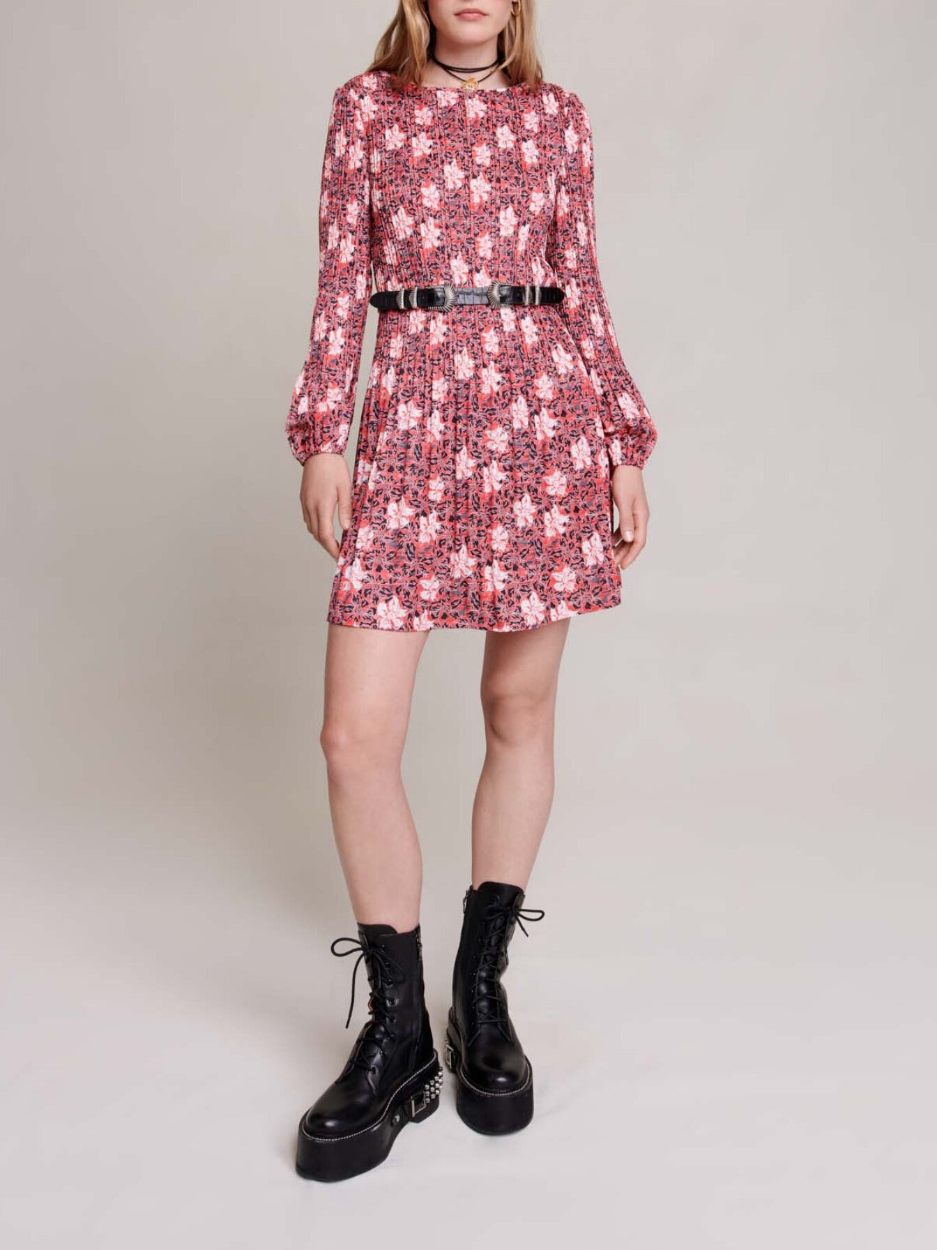 Maje Woman's polyester Short floral dress for Fall/Winter, in color Red flowers print /