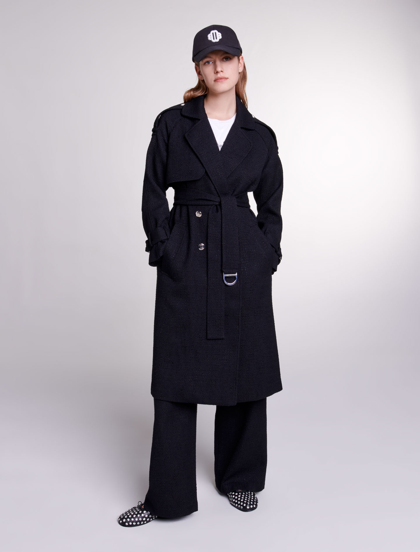 Maje Woman's polyester Lining: Tweed trench coat for Spring/Summer, in color Black / Black
