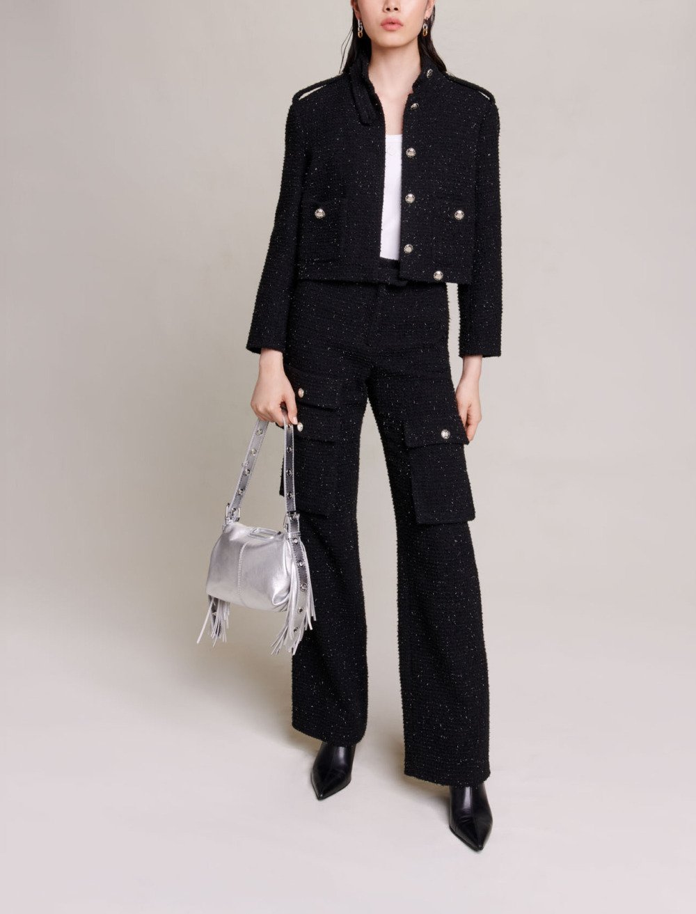 Maje Woman's cotton Tweed trousers for Spring/Summer, in color Black / Black