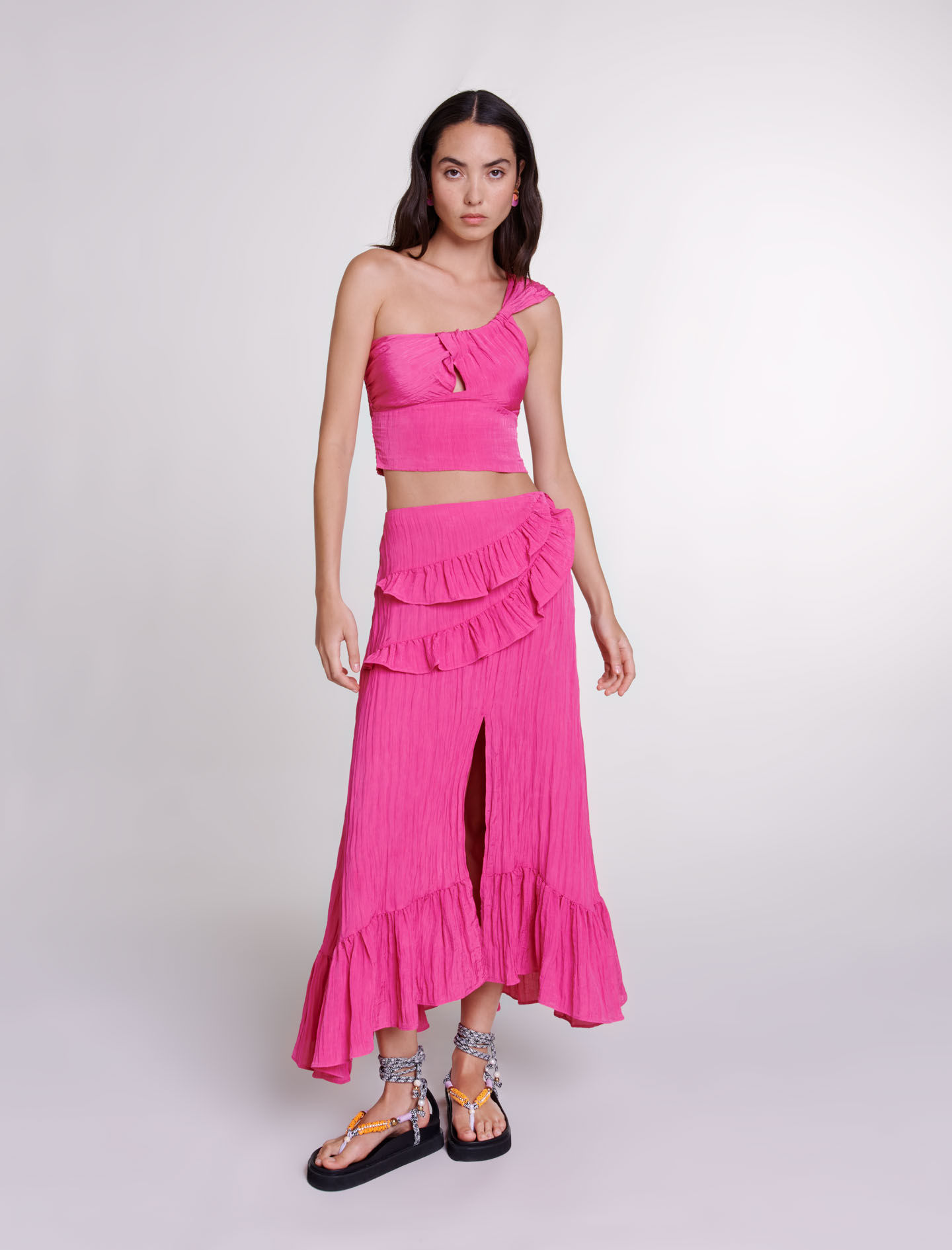 Maje Woman's polyester, Long satin-effect crinkle skirt for Spring/Summer, in color Fuchsia Pink /
