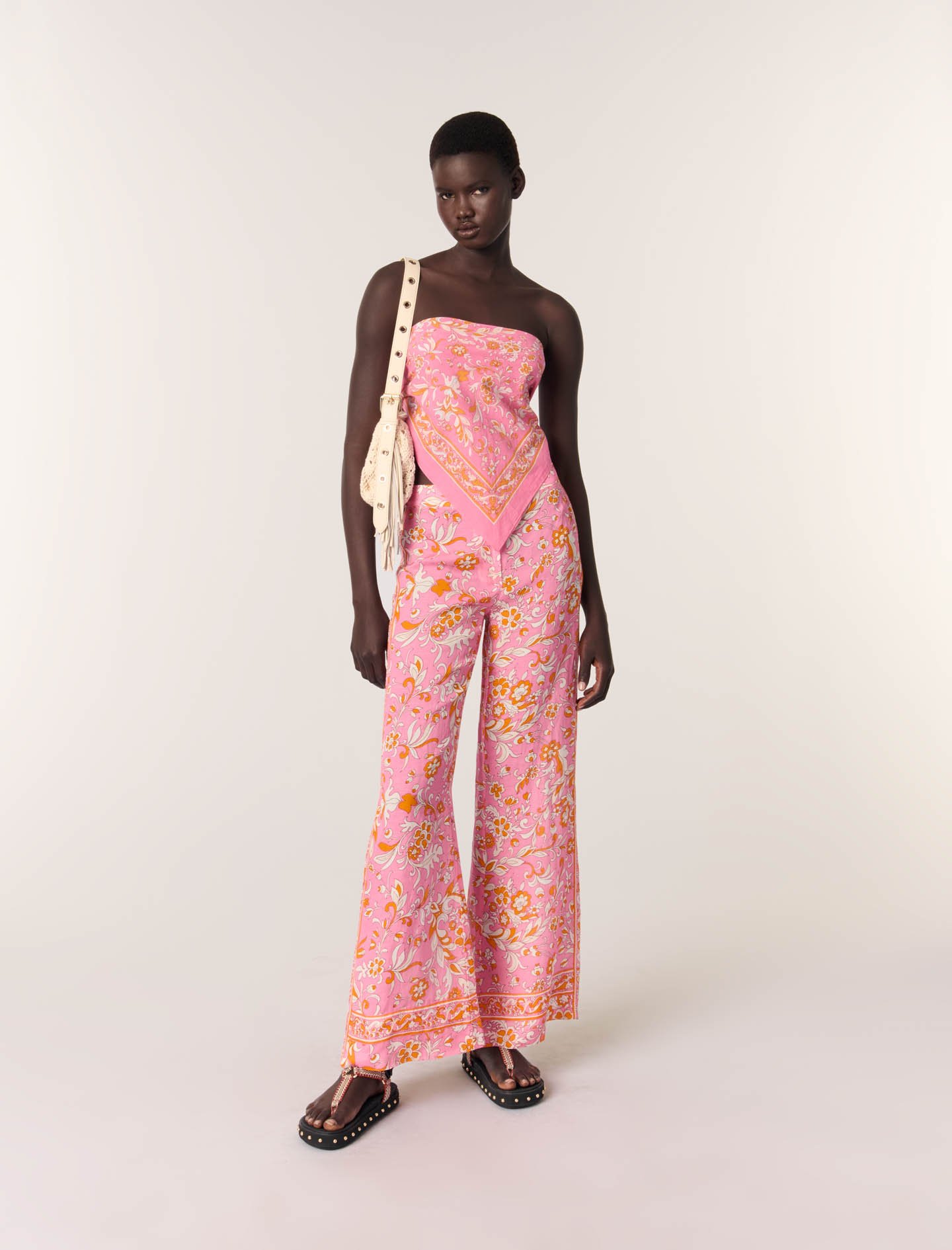 Woman's viscose Patterned linen trousers for Spring/Summer, size Large, in color Orange Pink flowers print /