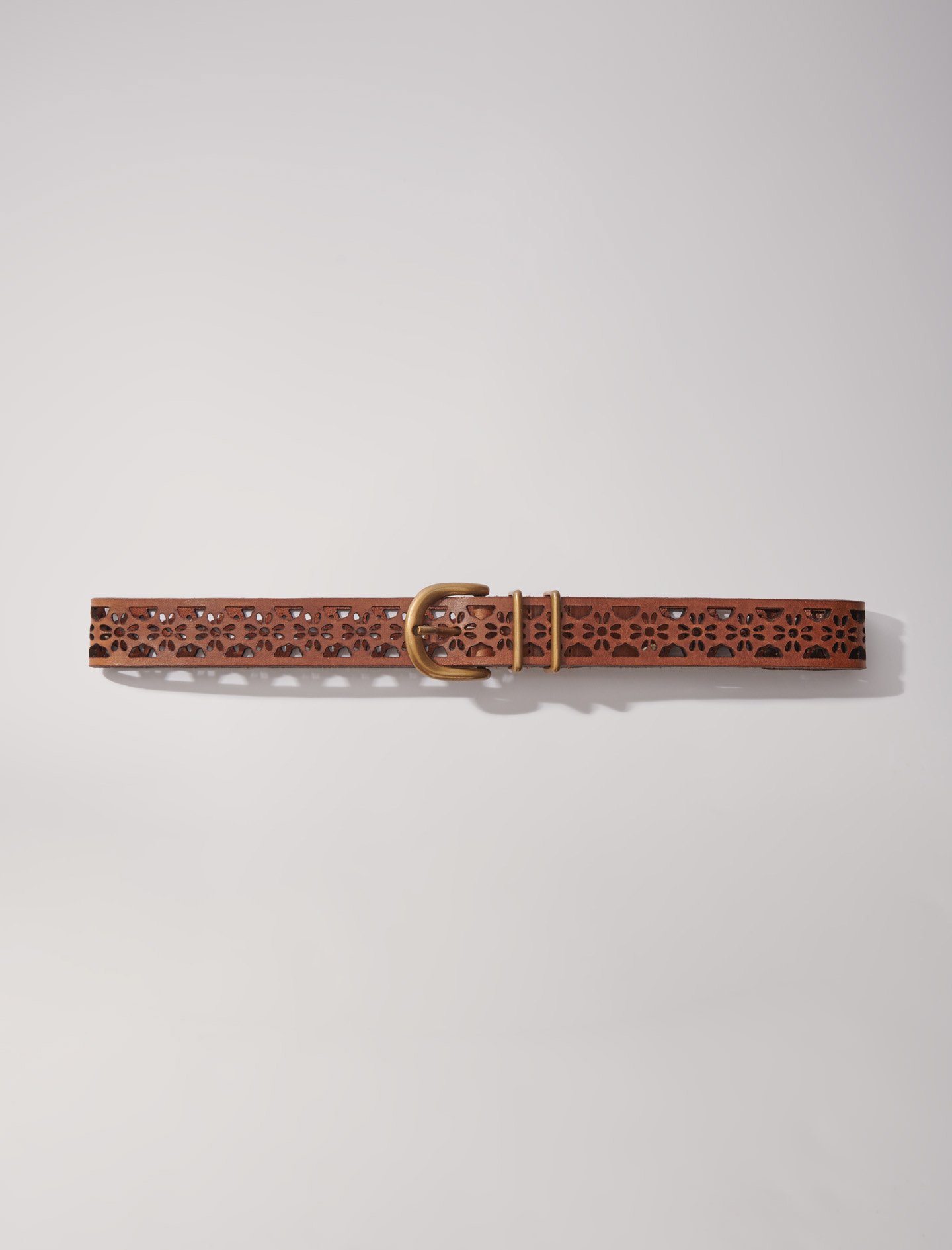 Woman's brass Leather: Leather belt with flower detail for Fall/Winter, size Woman-Belts-US L / FR 3, in color Camel / Brown