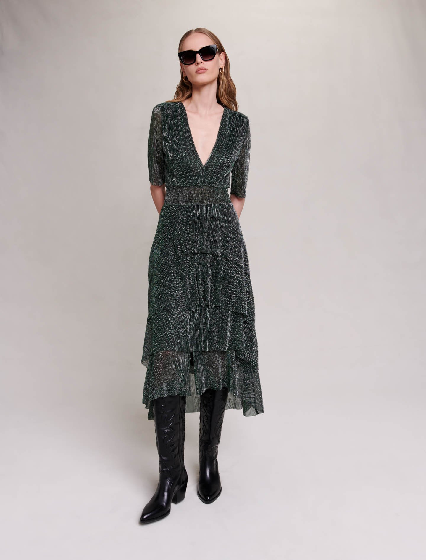 Maje Woman's polyester Stretch lurex fabric dress with ruffles for Spring/Summer, in color Green / Grey