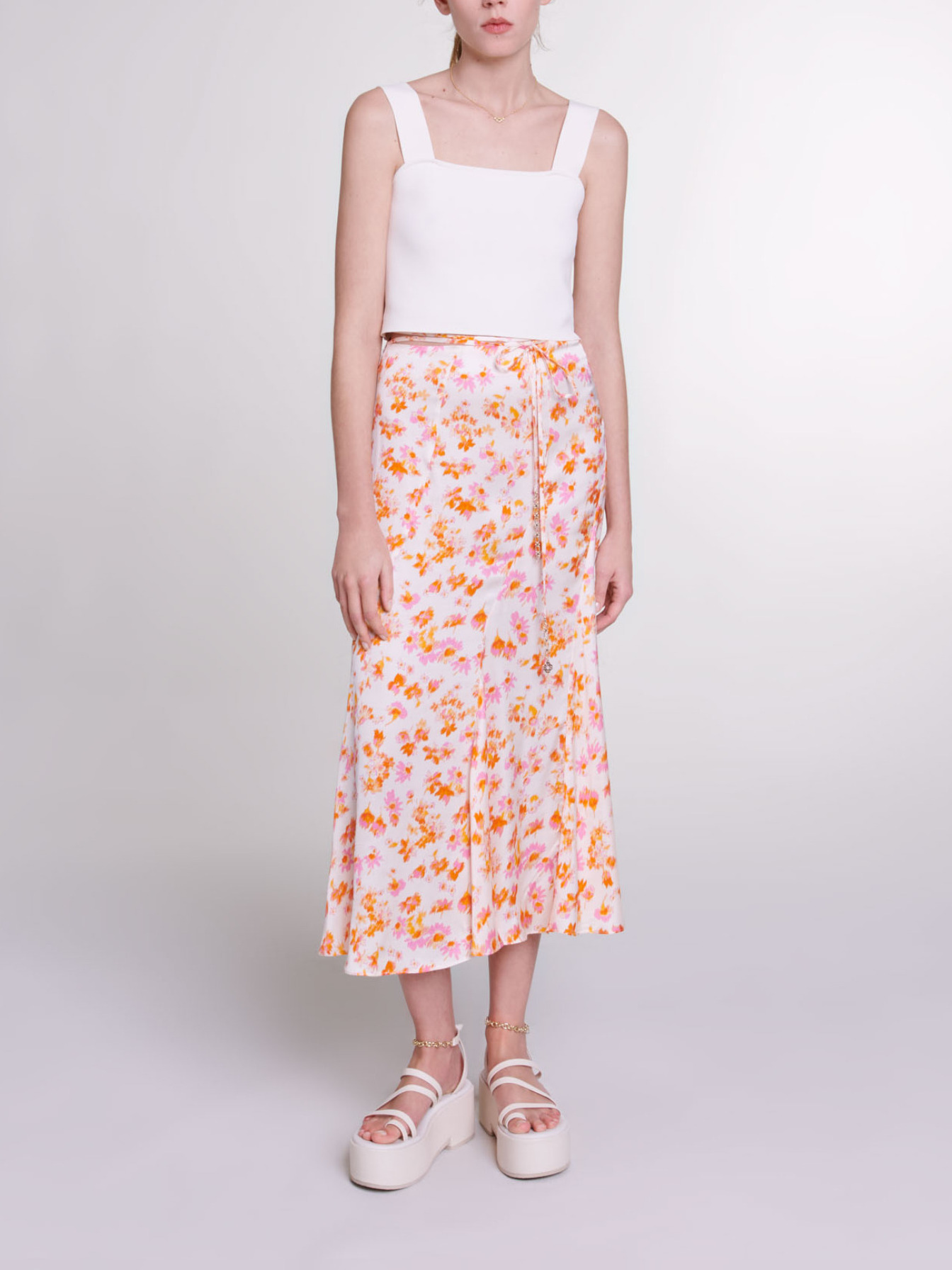 Maje Woman's viscose Satin-effect floral skirt for Spring/Summer, in color sping orange flower print /