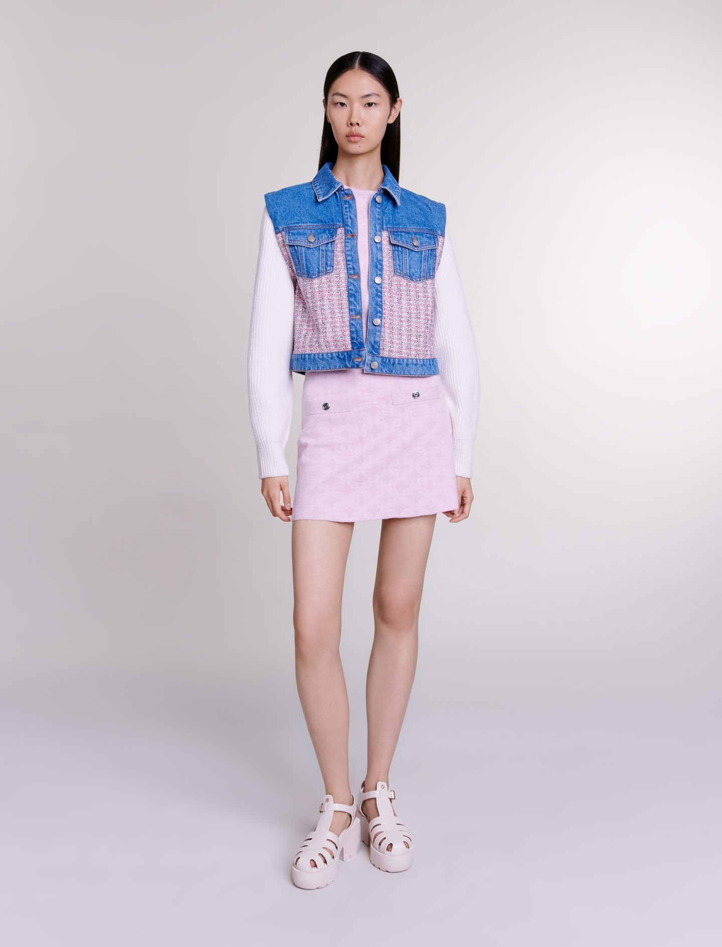 Maje Woman's cotton, Denim and tweed cropped jacket for Spring/Summer, in color Pink/Ecru /