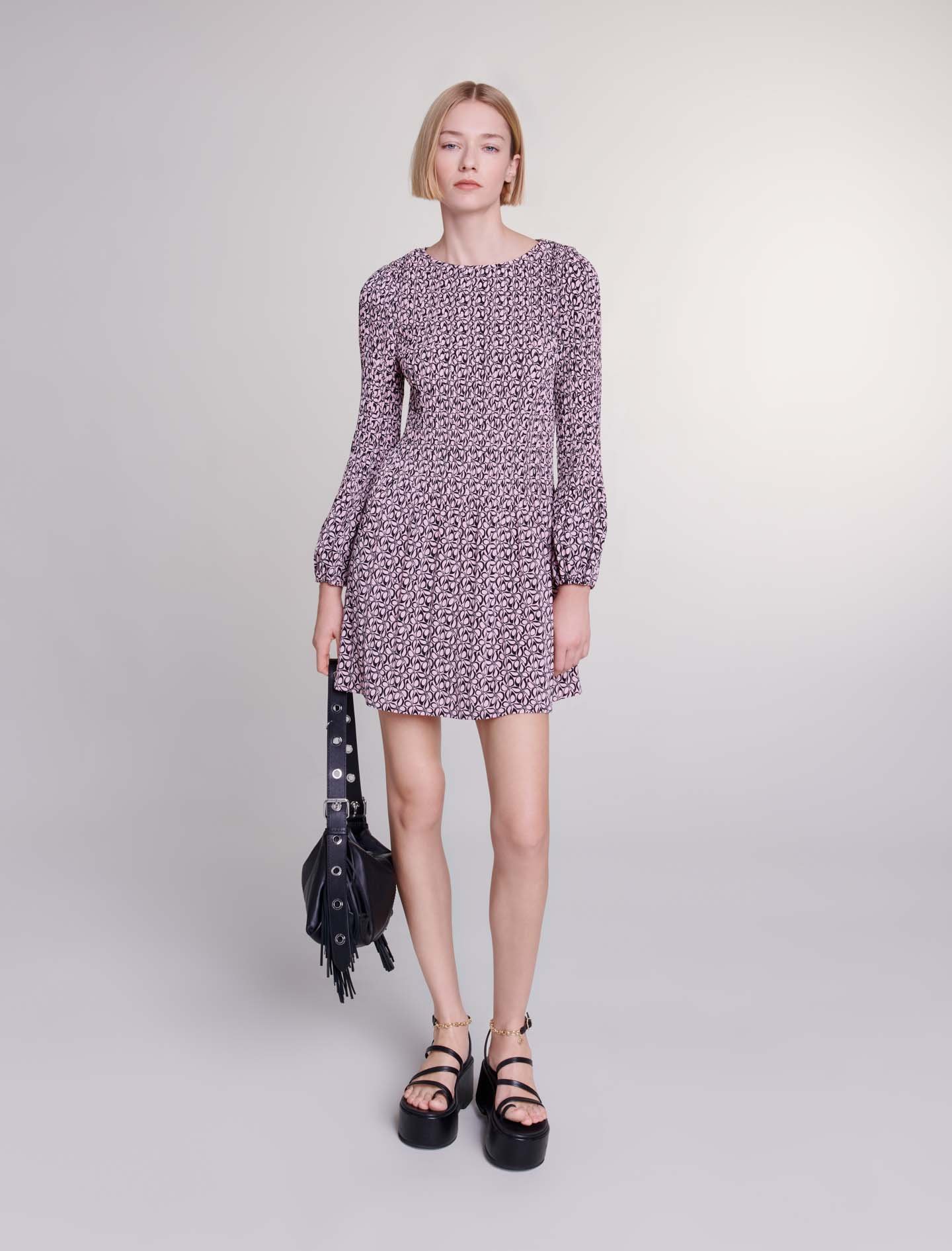 Mixte's polyester Short patterned dress for Spring/Summer, size Mixte-Dresses-US L / FR 40, in color Pink / Black Butterfly Pink /