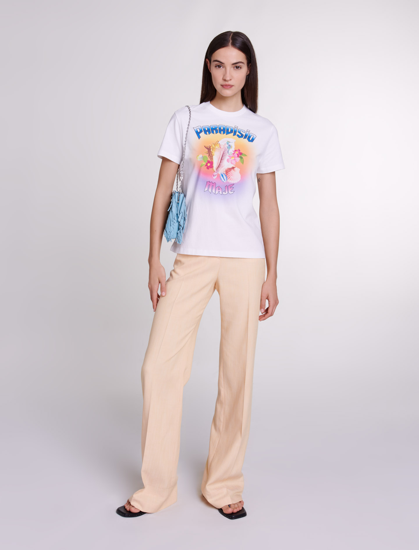 Woman's cotton Rib: Paradisio printed t-shirt for Spring/Summer, size Woman-Tops & Shirts-US L / FR 3, in color Ecru / Beige