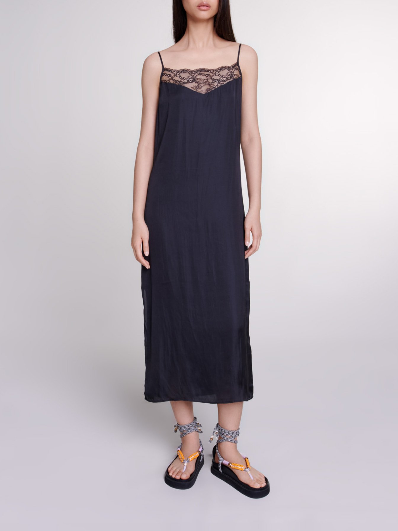 Maje Woman's polyester Long satin dress for Spring/Summer, in color Black / Black