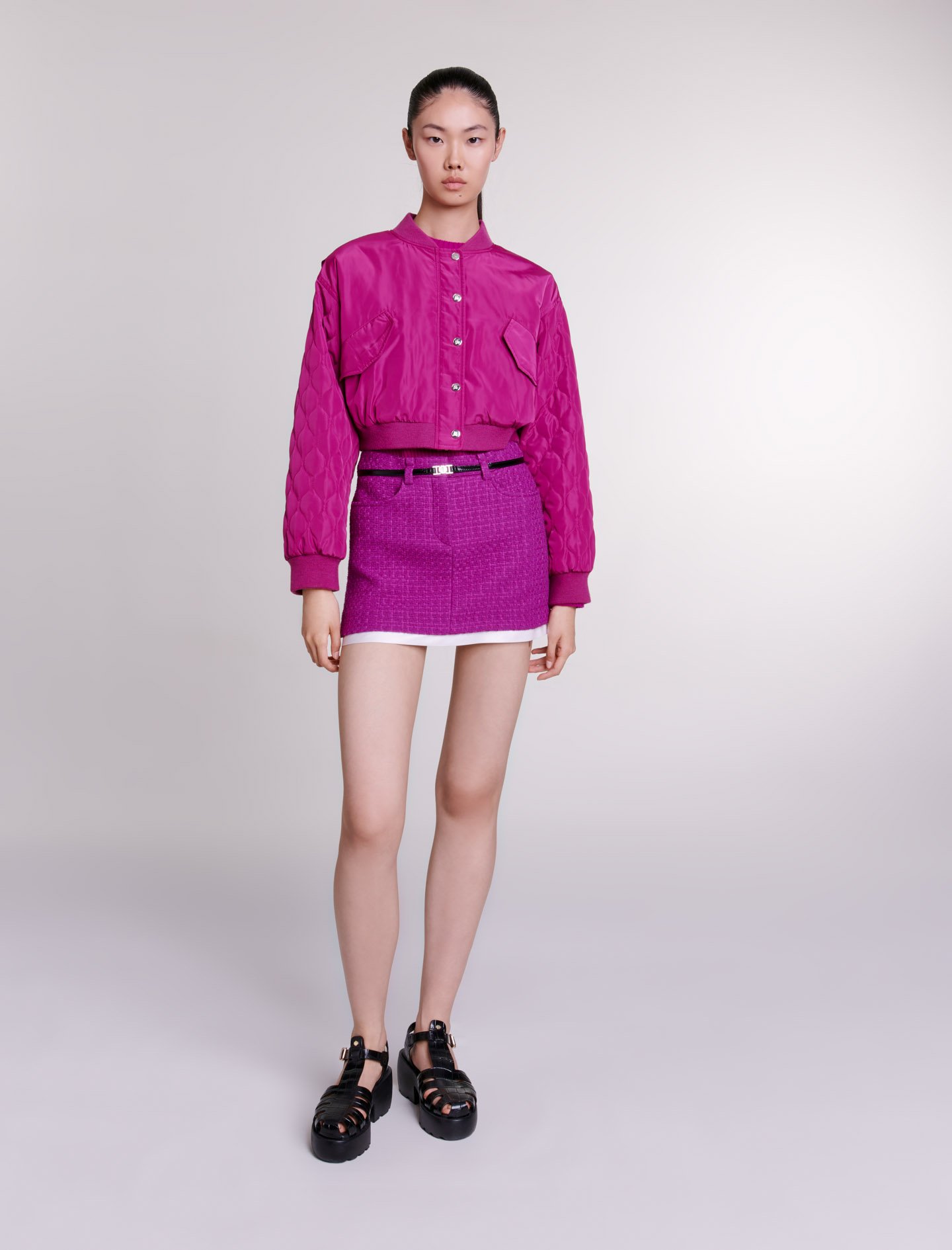 Mixte's polyester Lining: Short bomber jacket for Spring/Summer, size Mixte-Blazers & Jackets-US L / FR 3, in color Fuchsia pink /