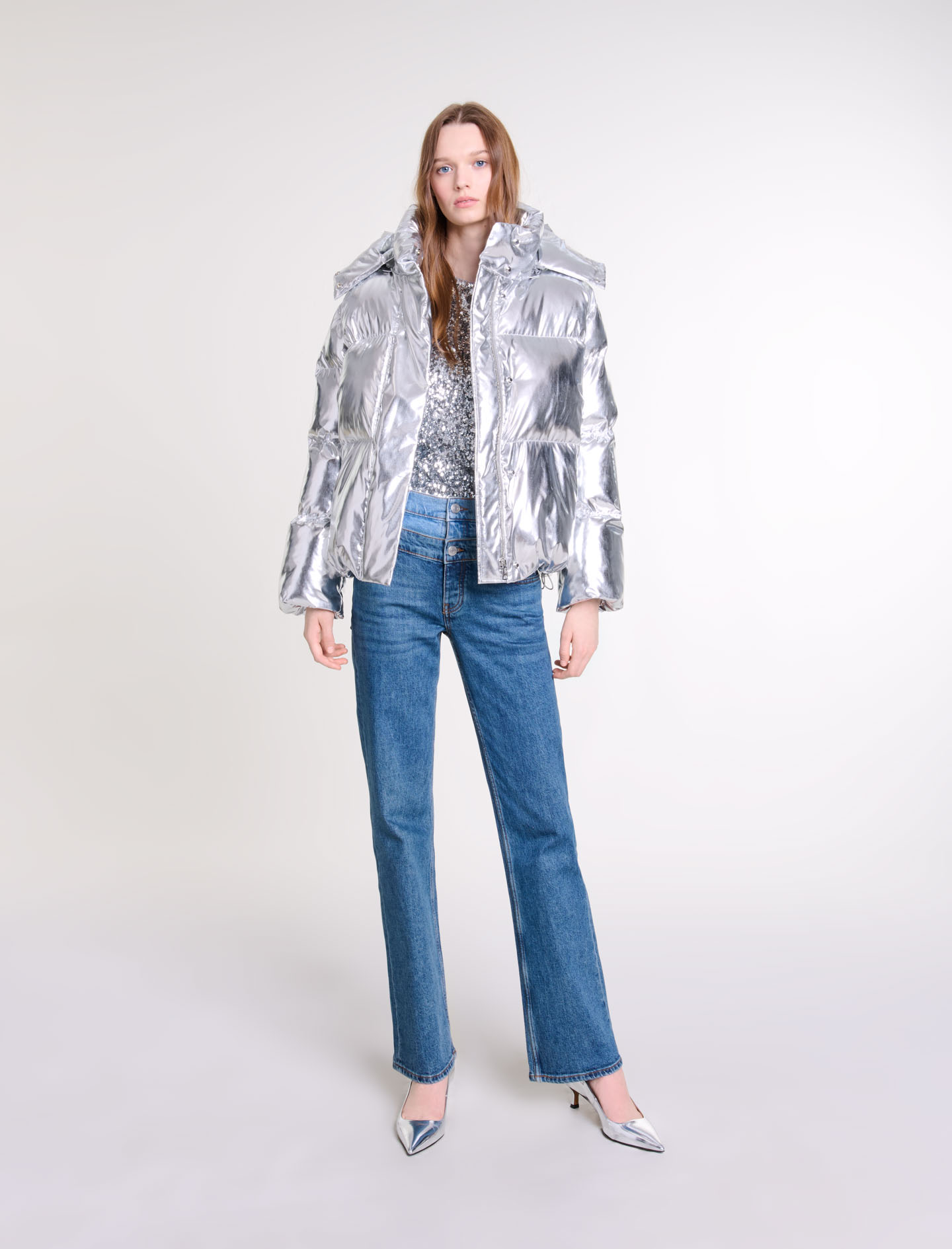 Woman's polyester Lining: Silver hooded jacket, size Woman-Fall-Winter Pre Collection-US M / FR 2, in color Silver / Grey